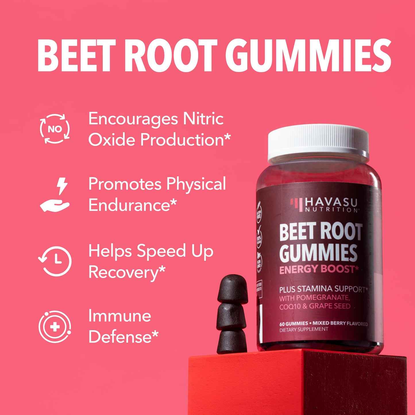 HAVASU NUTRITION Nitric Oxide Gummies with L-Arginine and Beet Root, Beet Root Gummies with COQ10 and Pomegranate, Gummies, 150 Count
