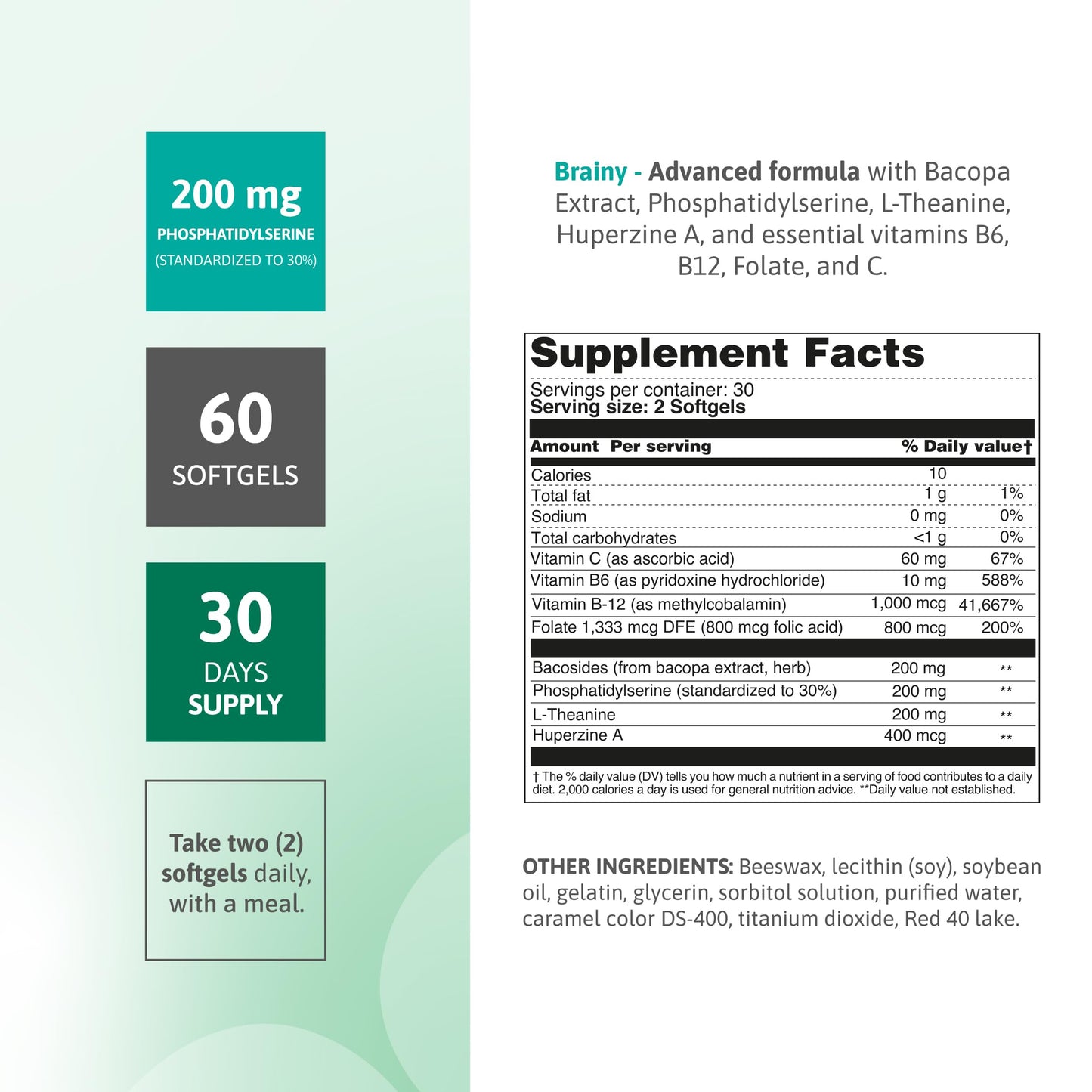 Nutra Nutrition Brainy Cognitive Support Supplement Bacopa Extract (Bacosides) & L-Theanine Softgels 60