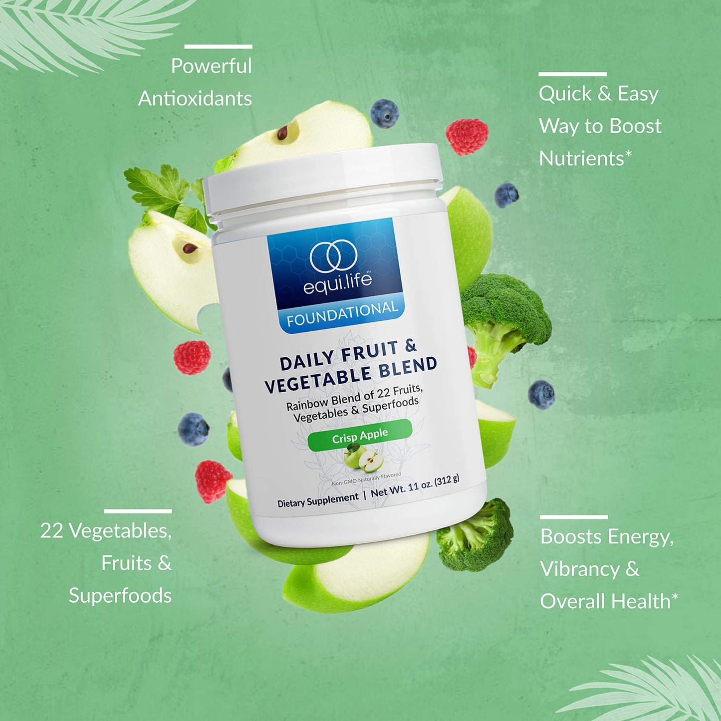 Equilife Daily Fruit & Vegetable Green Powder, Crisp Apple, 11 oz