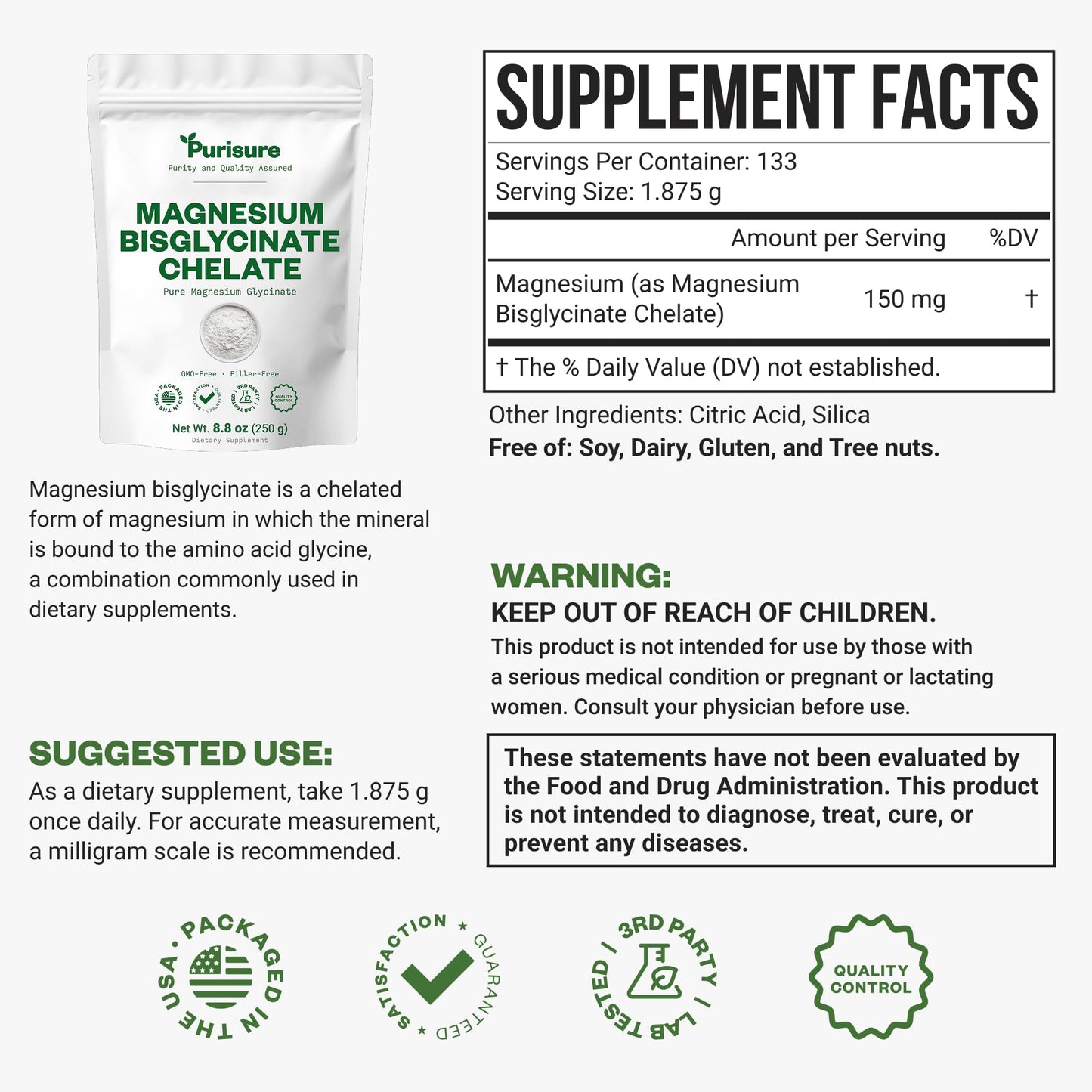 Purusure Magnesium Bisglycinate Chelate Powder, 8.82 Ounce (Pack of 1)