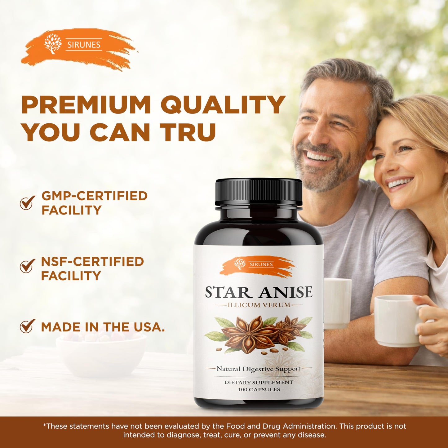 SIRUNES Star Anise Capsules, 100 Count
