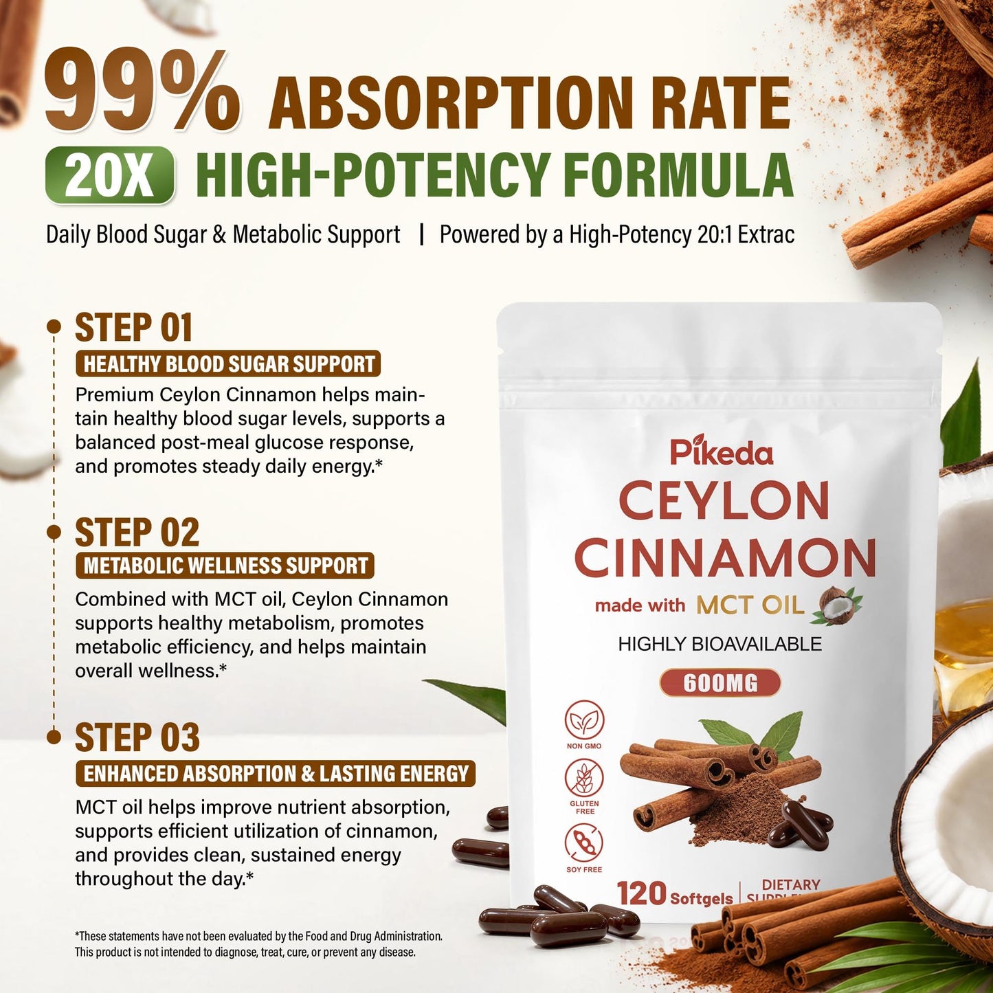 Pikeda Organic Ceylon Cinnamon Softgels with MCT Oil, 120 Softgels