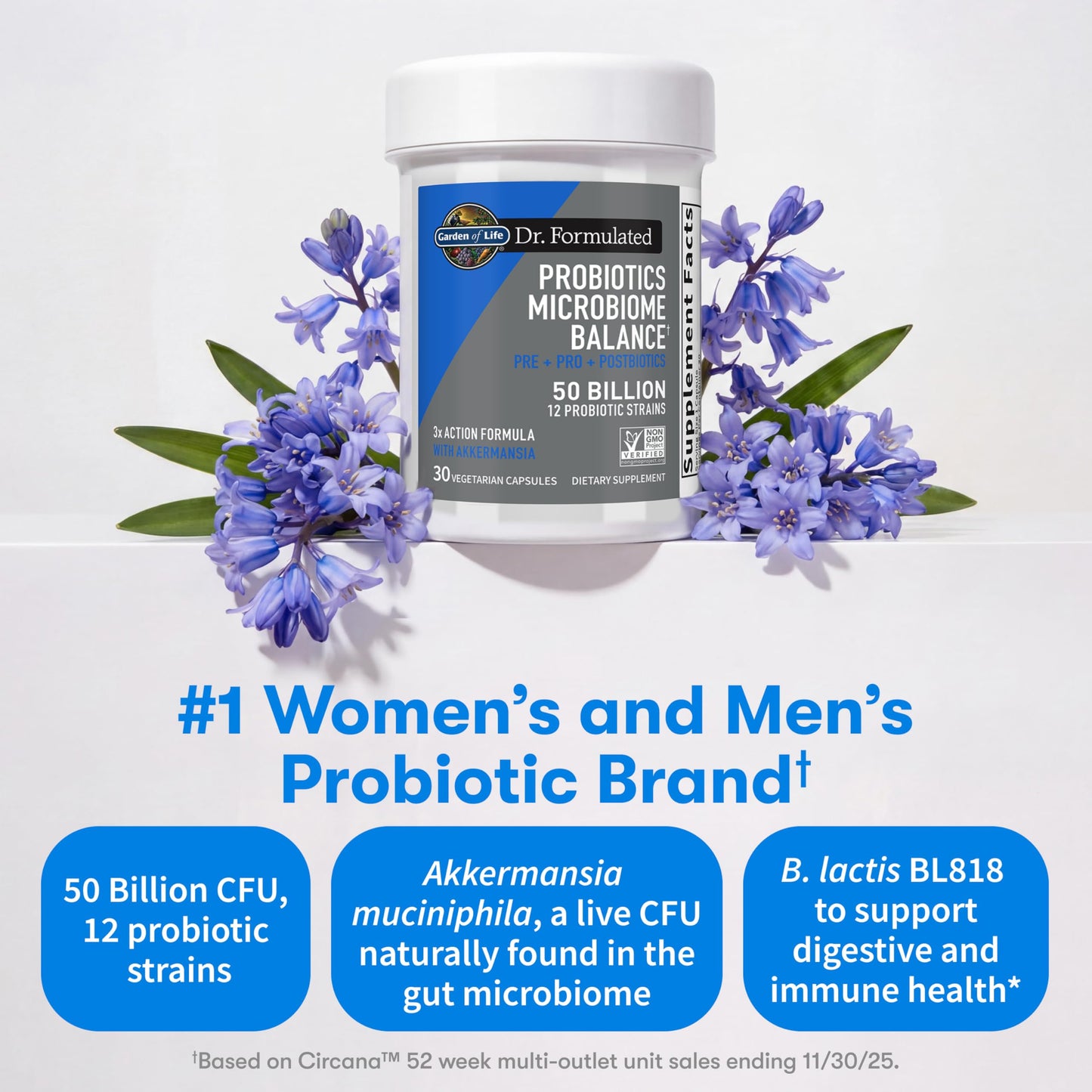 Garden of Life Dr. Formulated Microbiome Balance Probiotics with Pre, Pro & Postbiotics, 12 Probiotic Strains, Digestive Health & Immune Support, Non-GMO, Gluten-Free, 30 Capsules