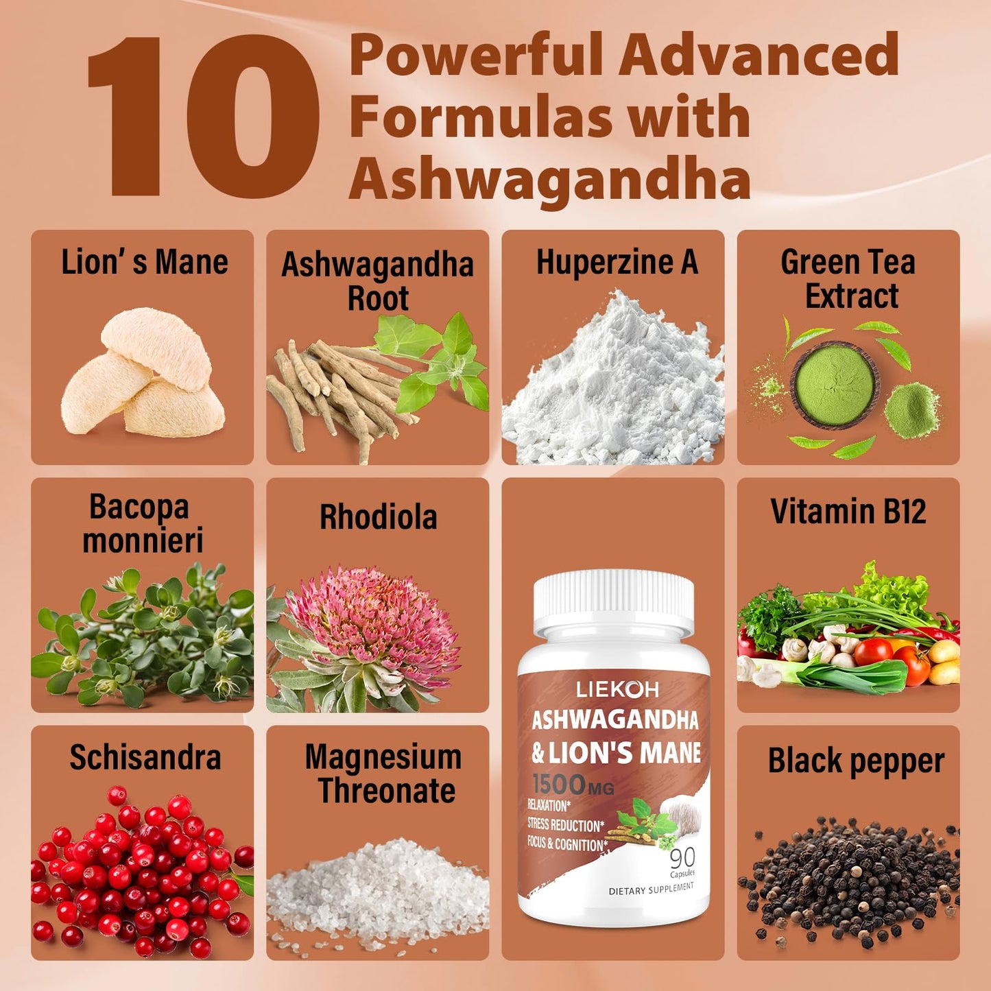 Liekoh Ashwagandha & Lions Mane Supplement Capsules, 90 Capsules