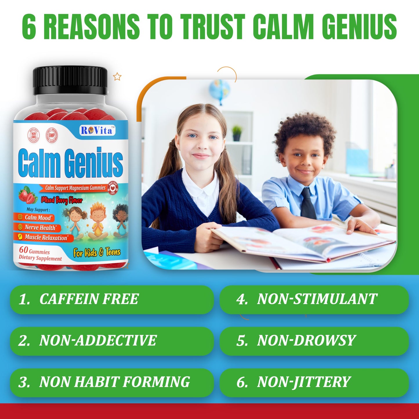 ROVita Calm Genius Kids Magnesium Gummies, Magnesium Citrate Kids Supplement for Relaxation & Daily Wellness, 60 Gummies