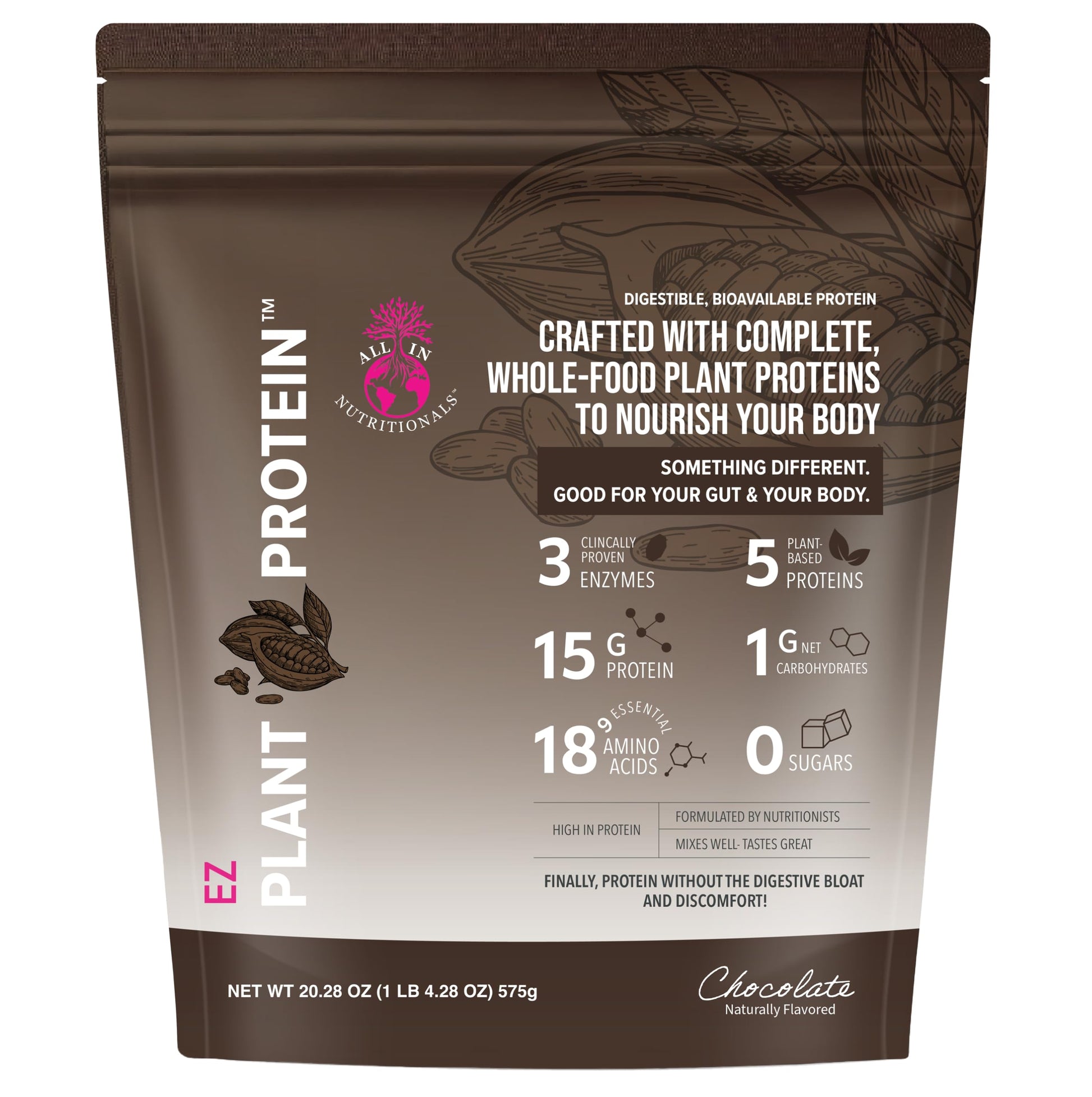 All In Nutritionals EZ Plant Protein Powder, Chocolate, 19.4 oz