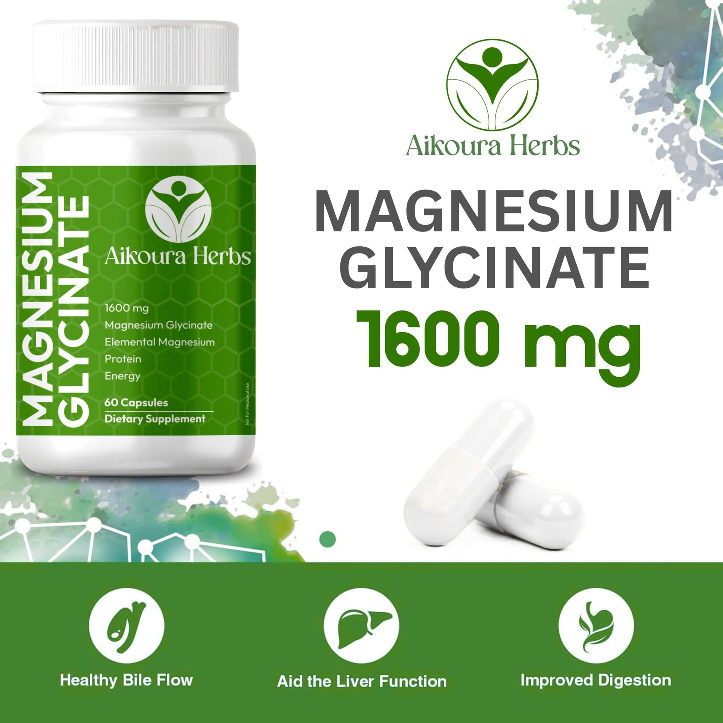 AIKOURA HERBS Magnesium Glycinate 1600mg Capsule, 60 Count