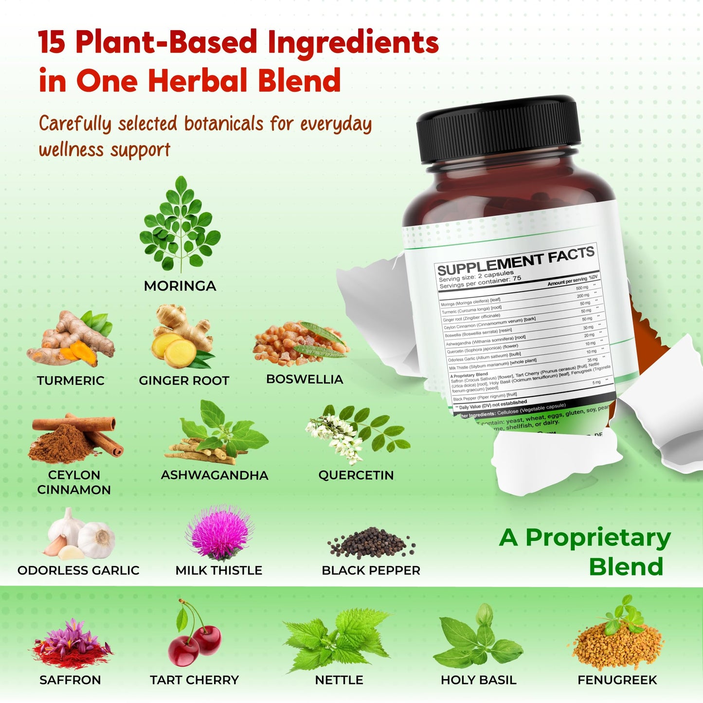 PEAKPURY Moringa Turmeric Ginger Root Ceylon Cinnamon Boswellia Capsules, 150 Count