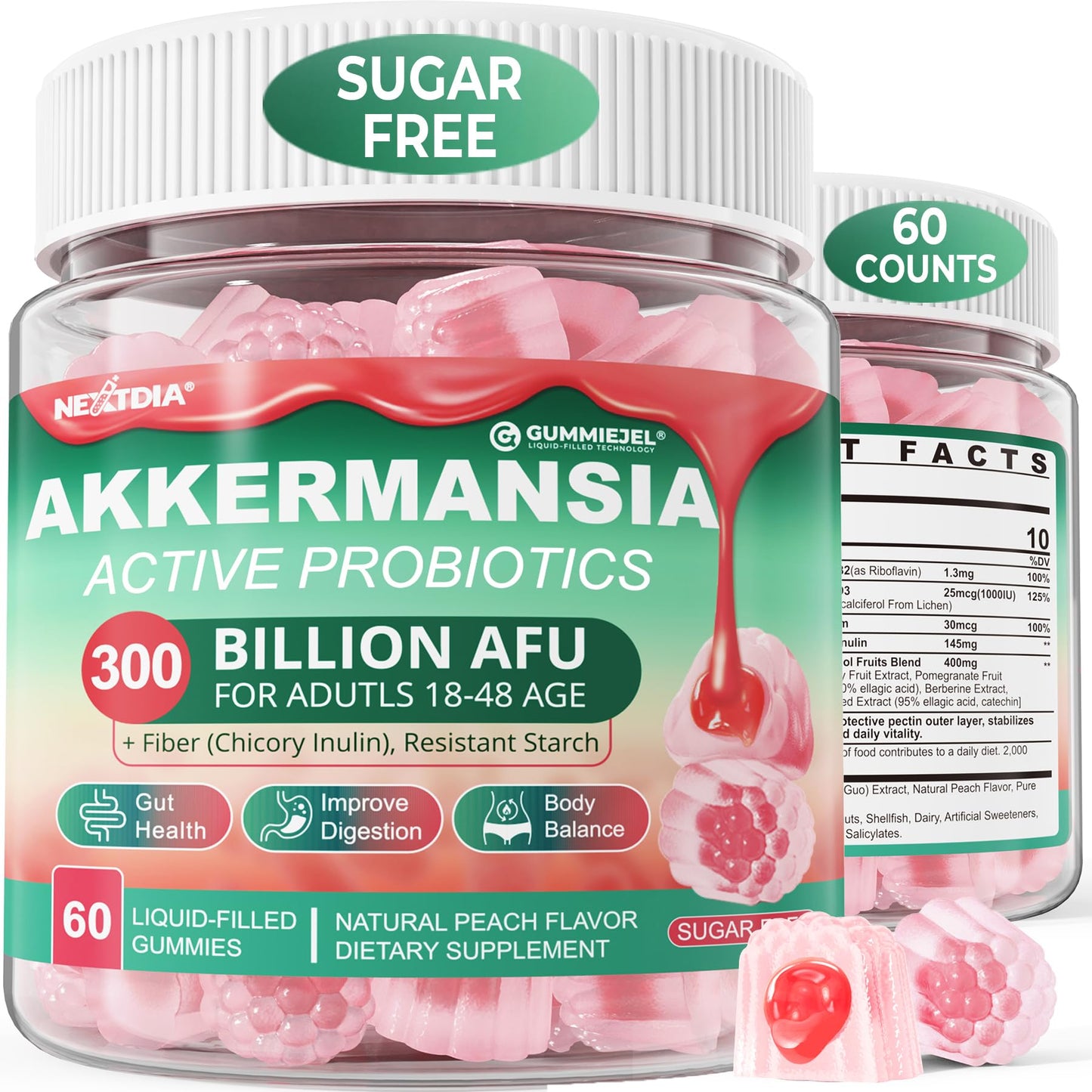 Nextdia Akkermansia Probiotics Gummies with Prebiotics Fiber & Calcium + D3 & Magnesium, 120 Gummies