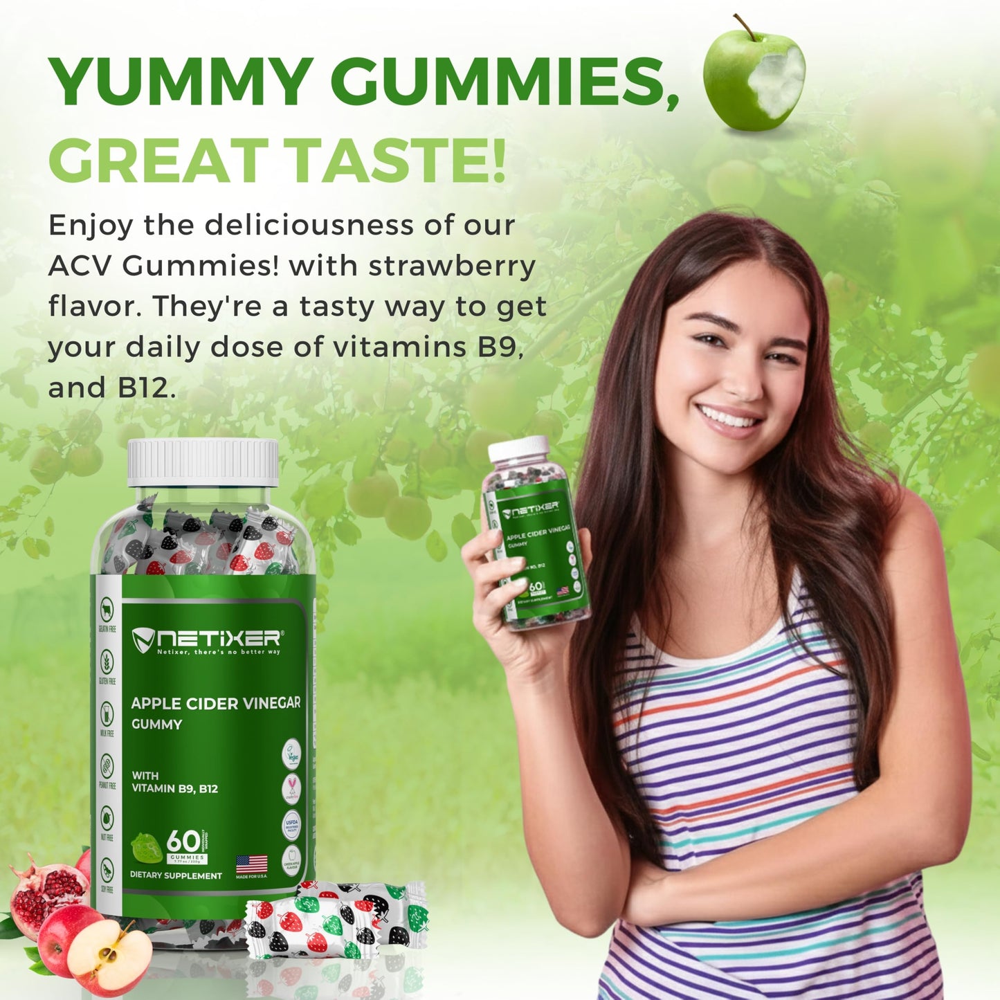 nETiXER Apple Cider Vinegar Gummies – 350mg per Gummy – with Vitamin B9 & B12 – Vegan Pectin – Individually Wrapped, 60 Gummies