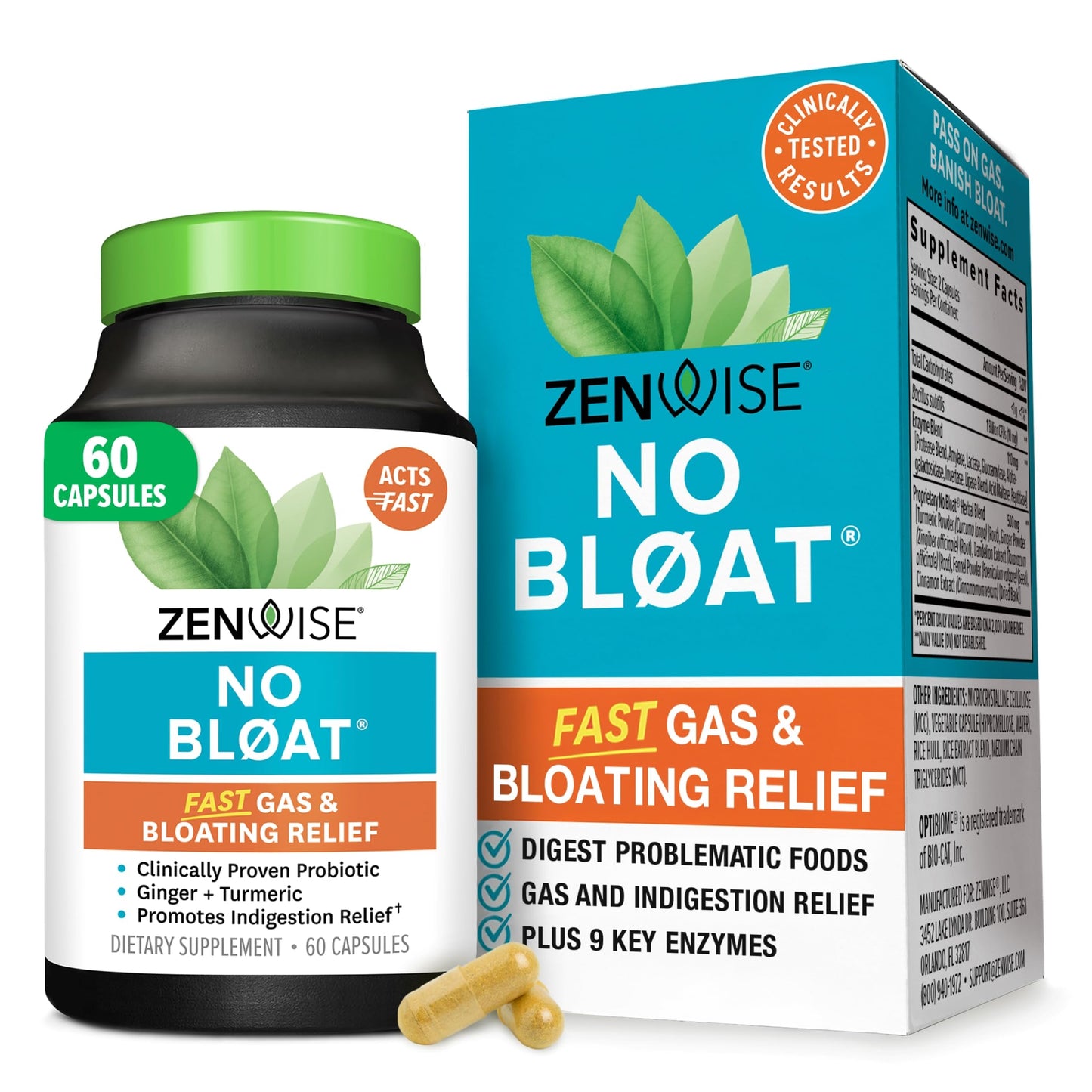 Zenwise Health No Bloat Digestive Enzymes Capsules, 60 Count