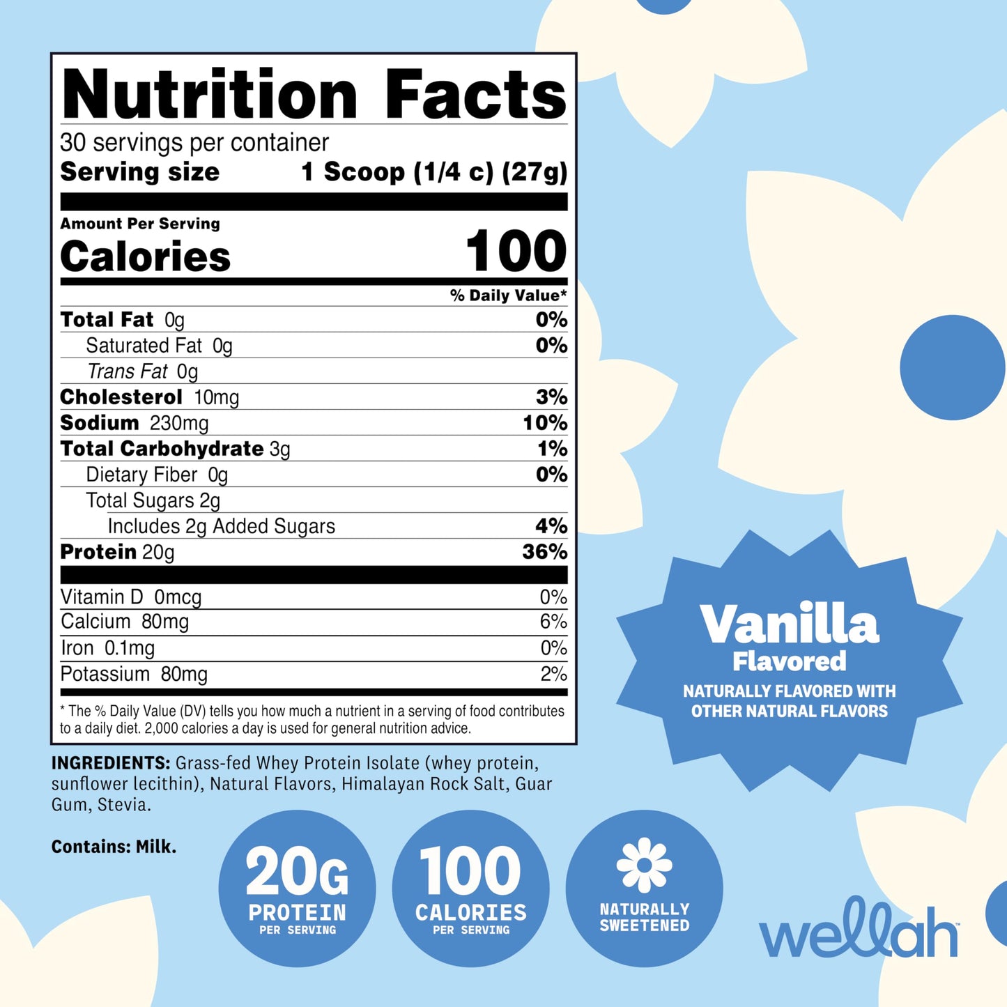 Wellah Grass-Fed Whey Protein Isolate Powder (Vanilla), 27 Servings