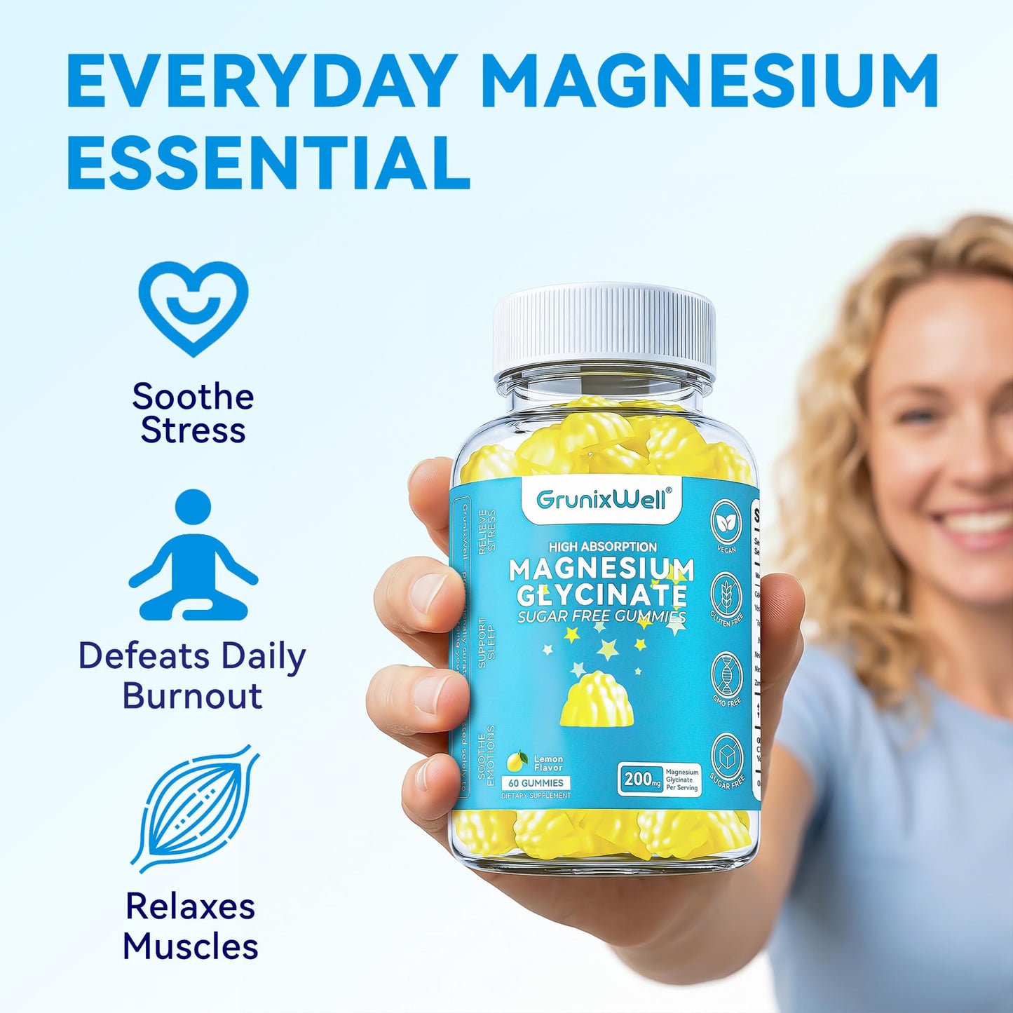 GrunixWell Magnesium Glycinate 200mg Gummies, 60 Count