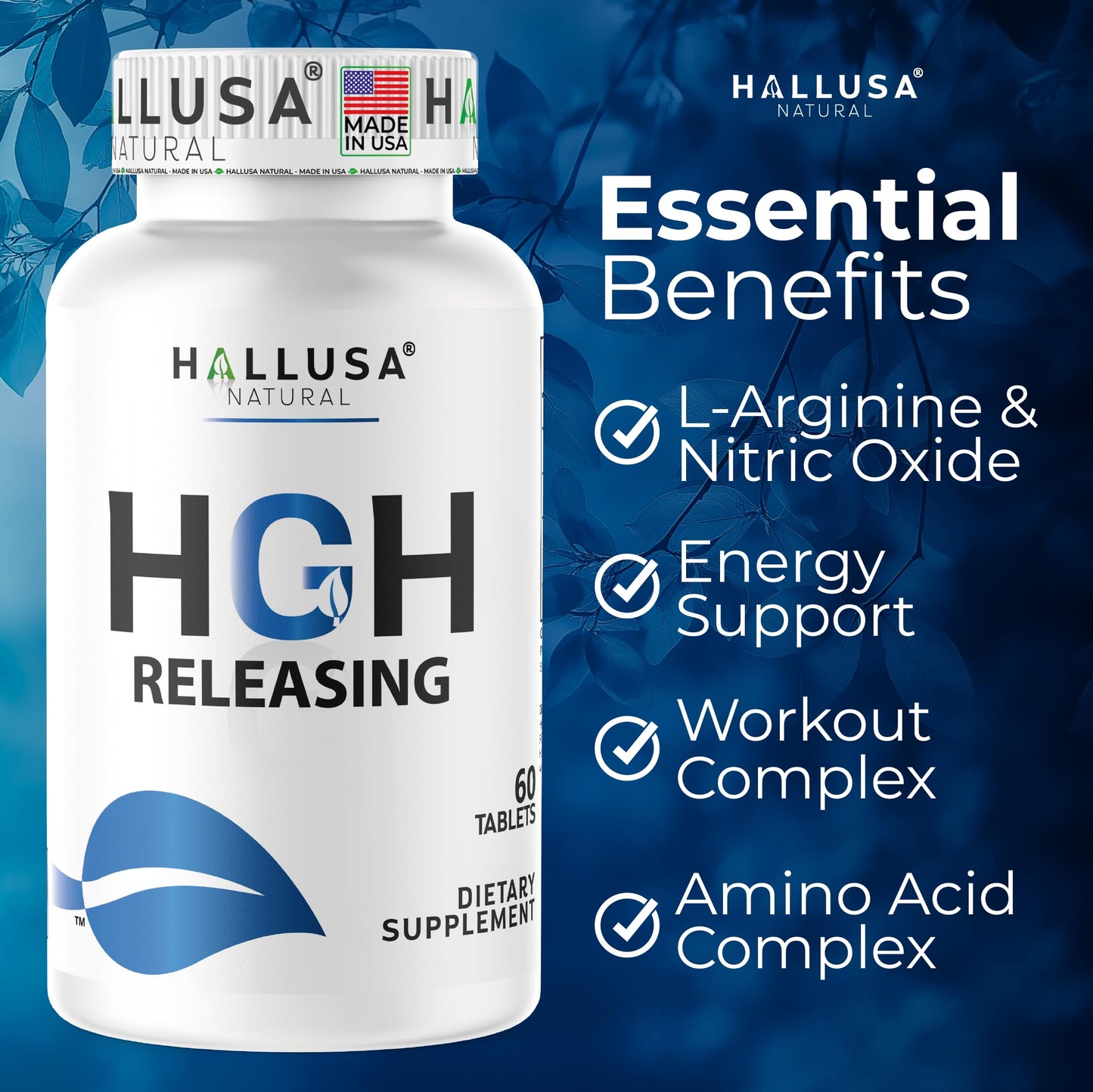 Hallusa Natural HGH-Releasing Support Supplement with L-Arginine & Ornithine, Nitric Oxide Support for Muscle Recovery, Energy & Performance, Amino Acid Complex with Vitamin B3 & Chromium, 60 Tablets