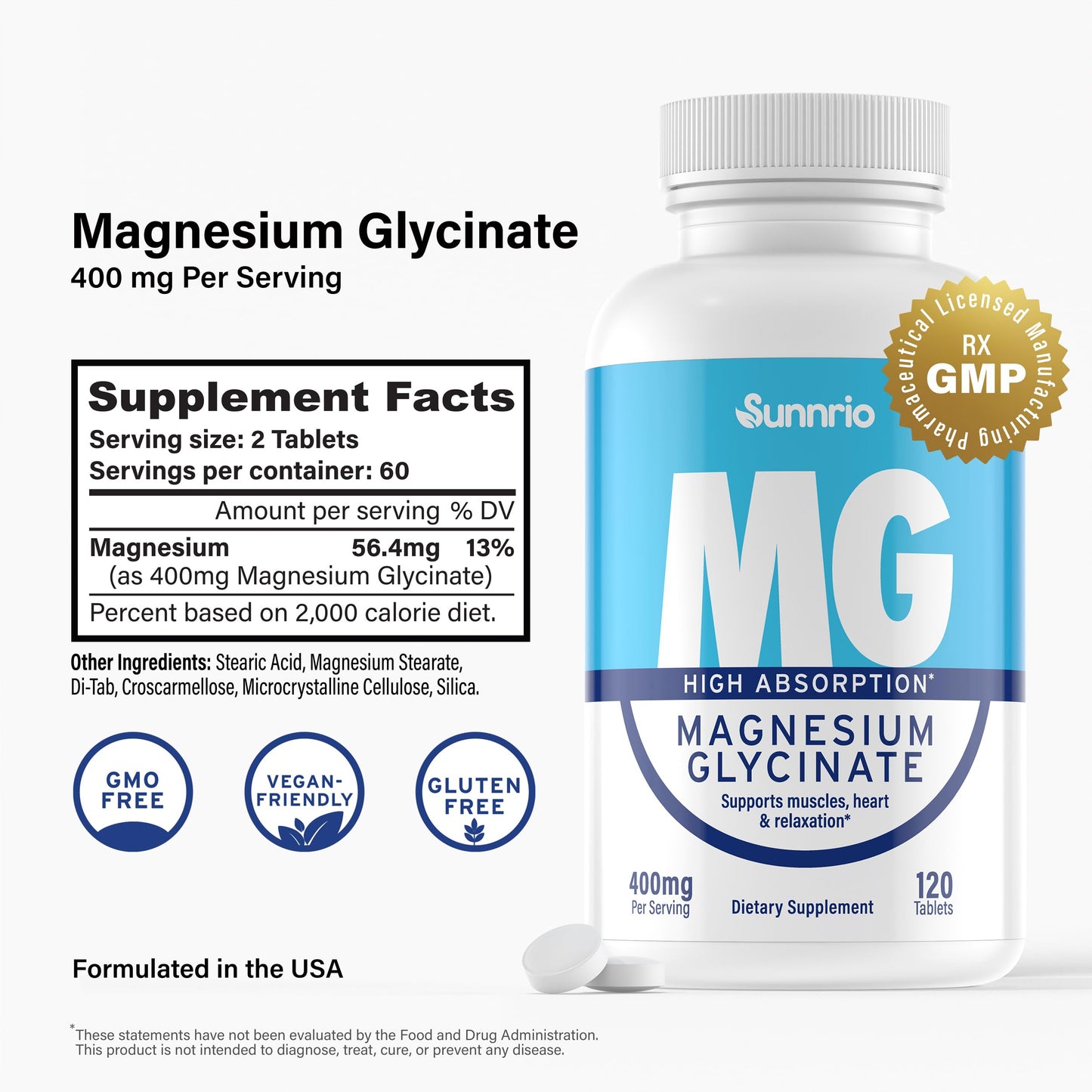 Sunnrio Magnesium Glycinate Supplement 400mg per Serving Tablet, 120 Tablets