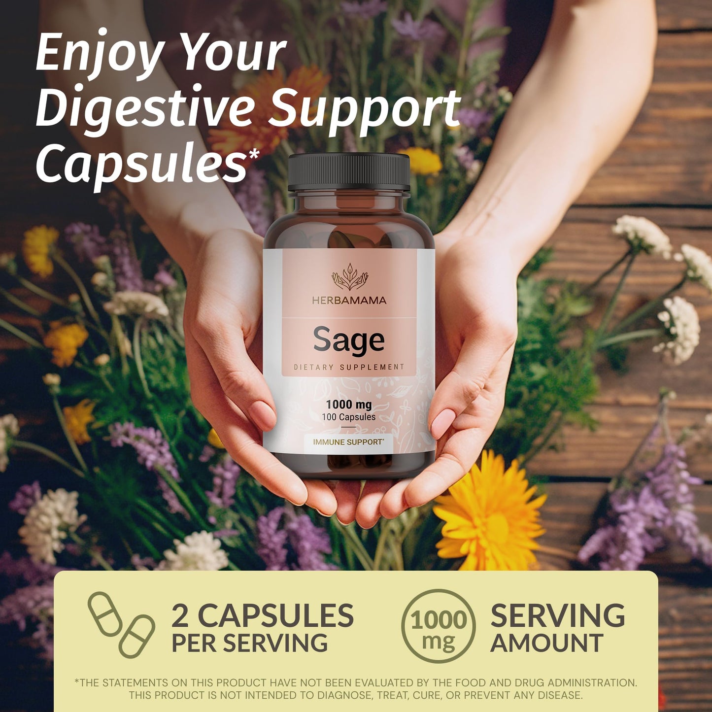 HERBAMAMA Sage Leaves Digestive & Brain Support, 100 Capsules