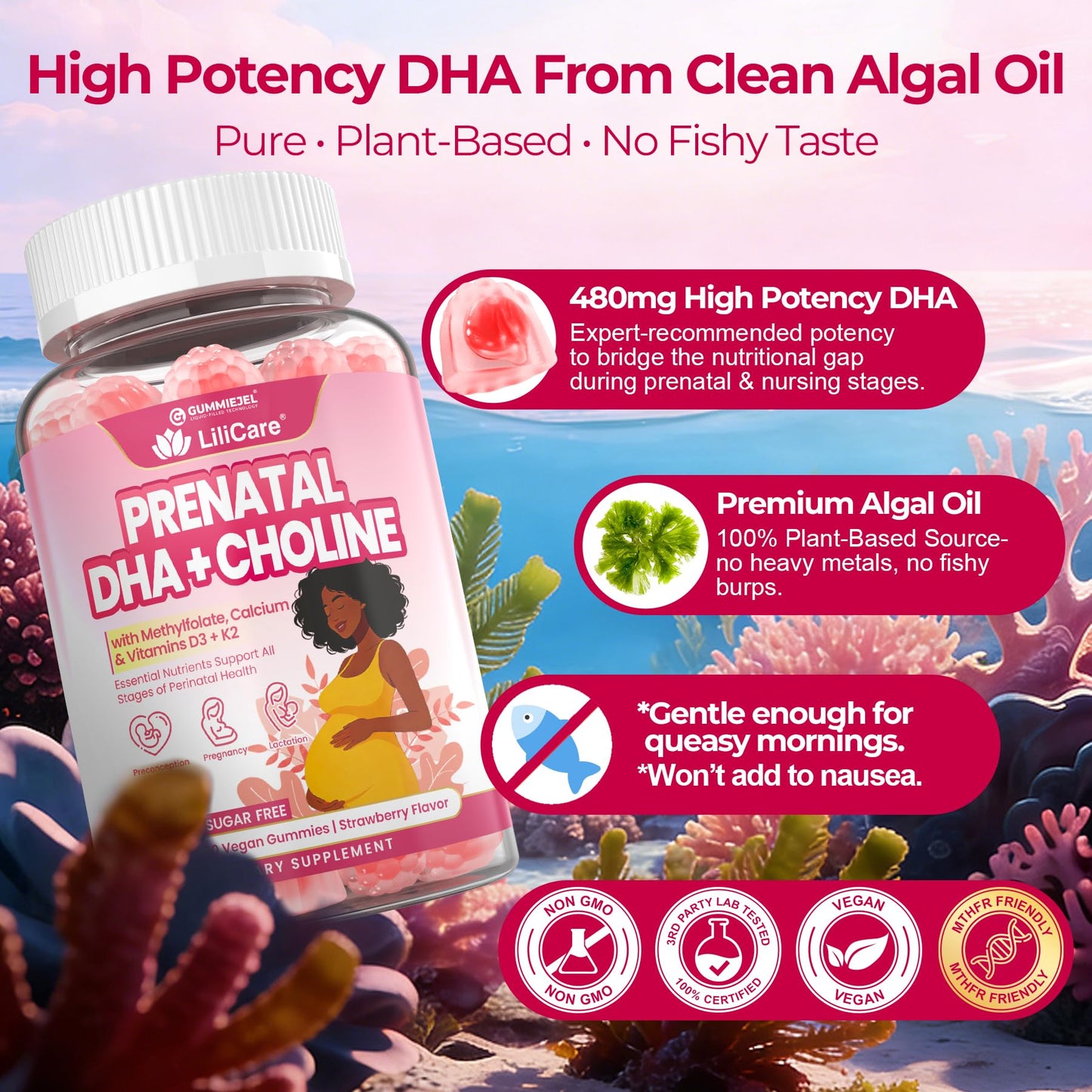 LILICARE Prenatal Vitamins for Women DHA + Choline Gummies with Methylfolate, Algal Omega-3 & Algae Calcium, 60 Count