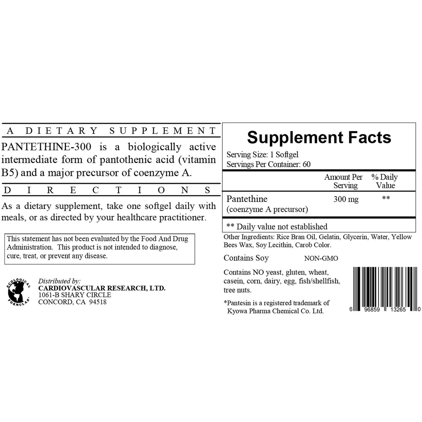 Ecological Formulas Pantethine 300mg (Pantesin) Softgels 60