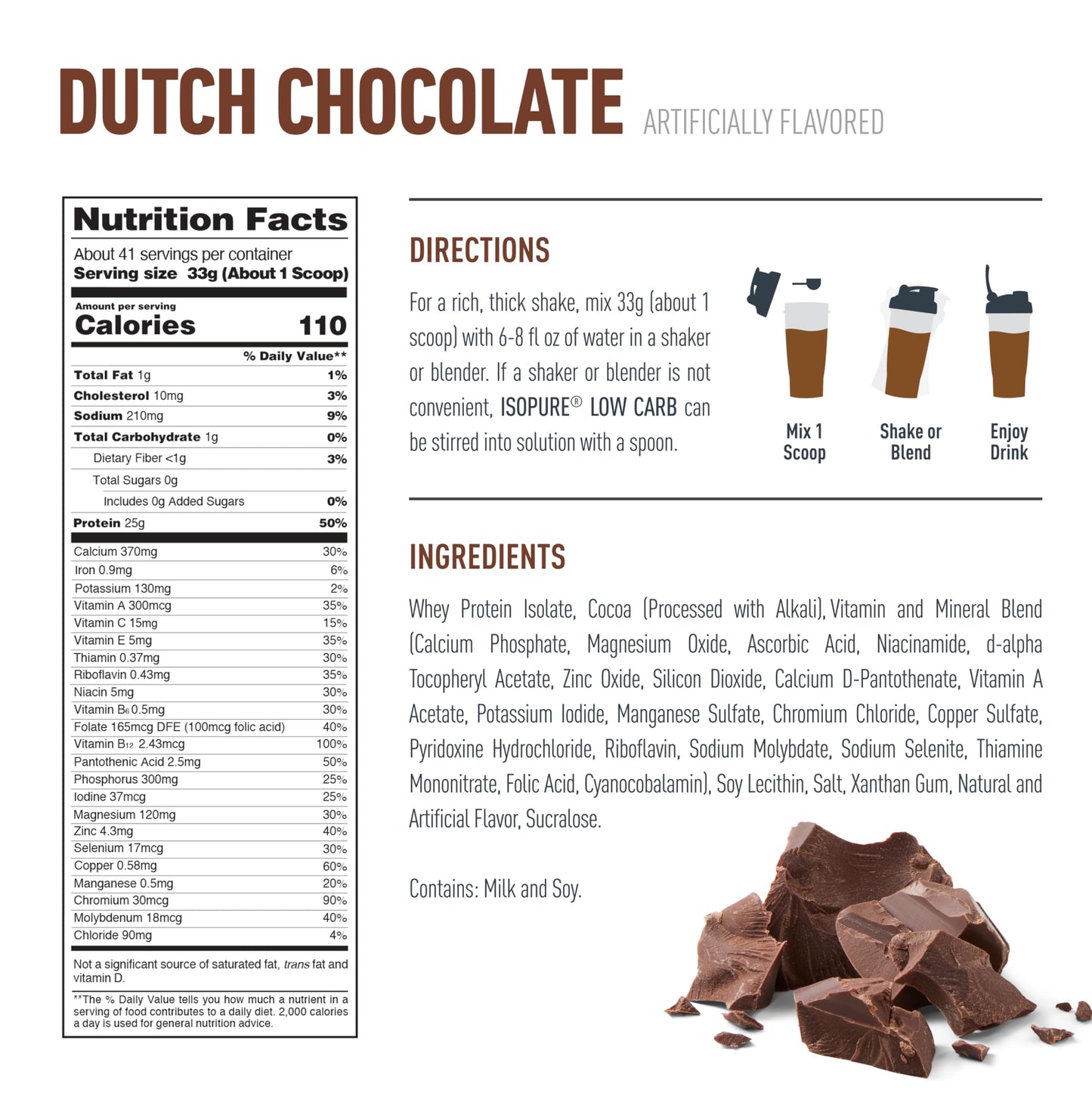 Isopure Low Carb 100% Pure Whey Isolate Protein Powder, Gluten Free, With Vitamins, Dutch Chocolate, 25g Protein Per Serving, 3.07 Lbs, 41 Servings (Packaging May Vary)