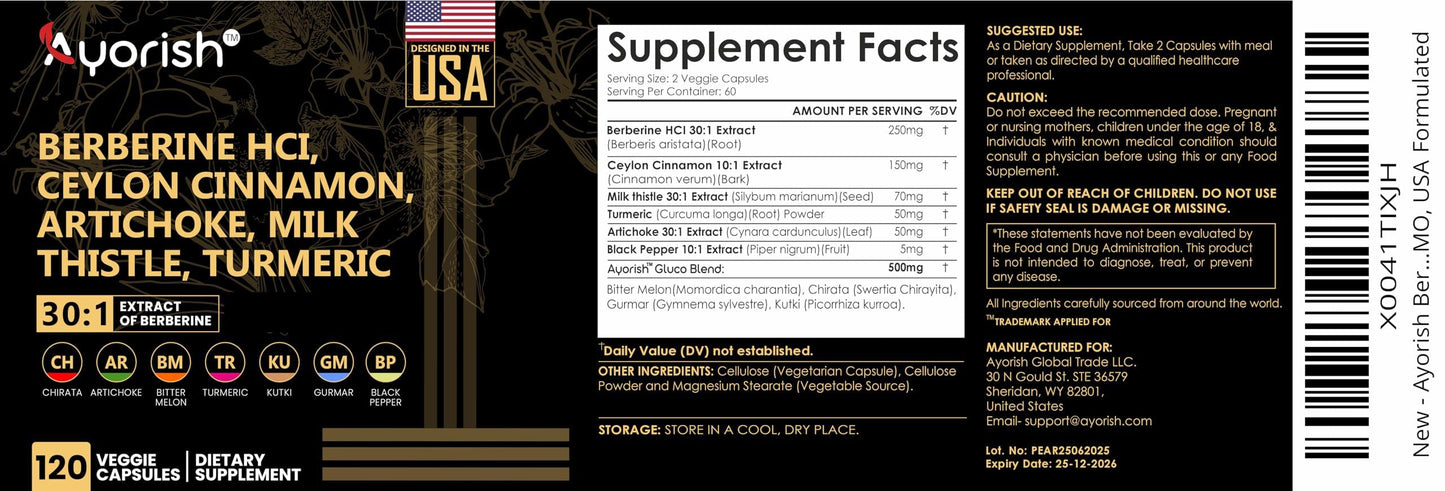 Ayorish Berberine with Ceylon Cinnamon, Milk Thistle & Turmeric 120 Capsules