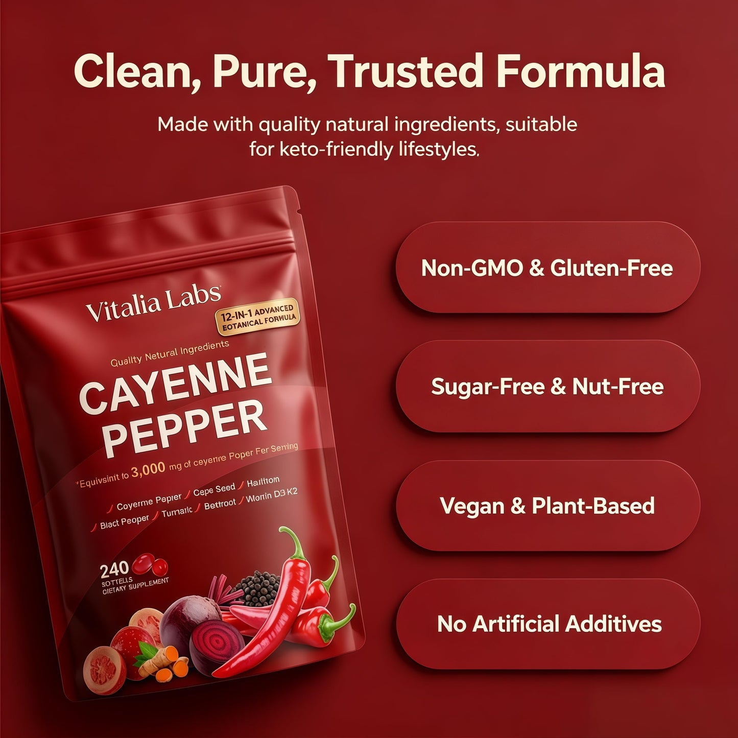 Vitalia Labs Cayenne Pepper Supplement Capsule, 240 Capsules