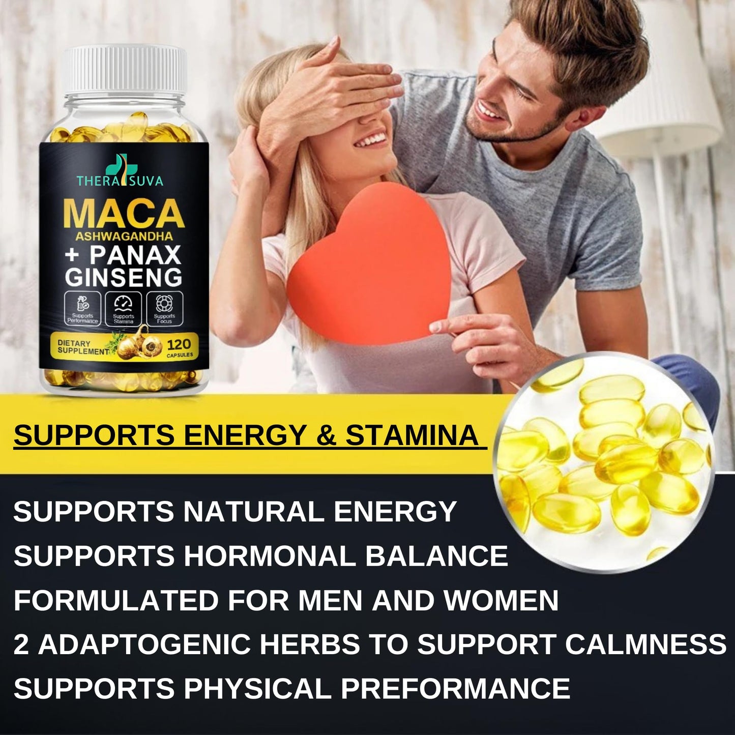 TheraSuva 3 in 1 Ashwagandha + Maca Root + Panax Ginseng Softgels, 120