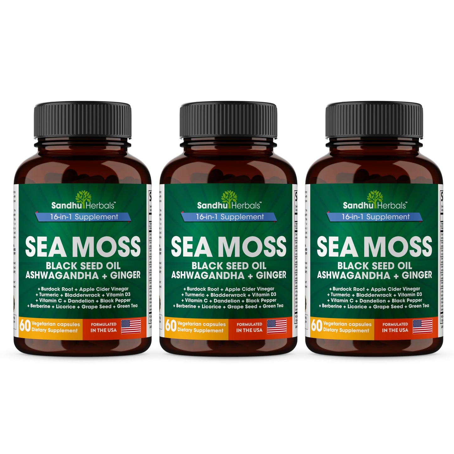 SANDHUHERBALS Sea Moss Black Seed Oil Ashwagandha Ginger Burdock Root Turmeric Black Pepper Capsules 180