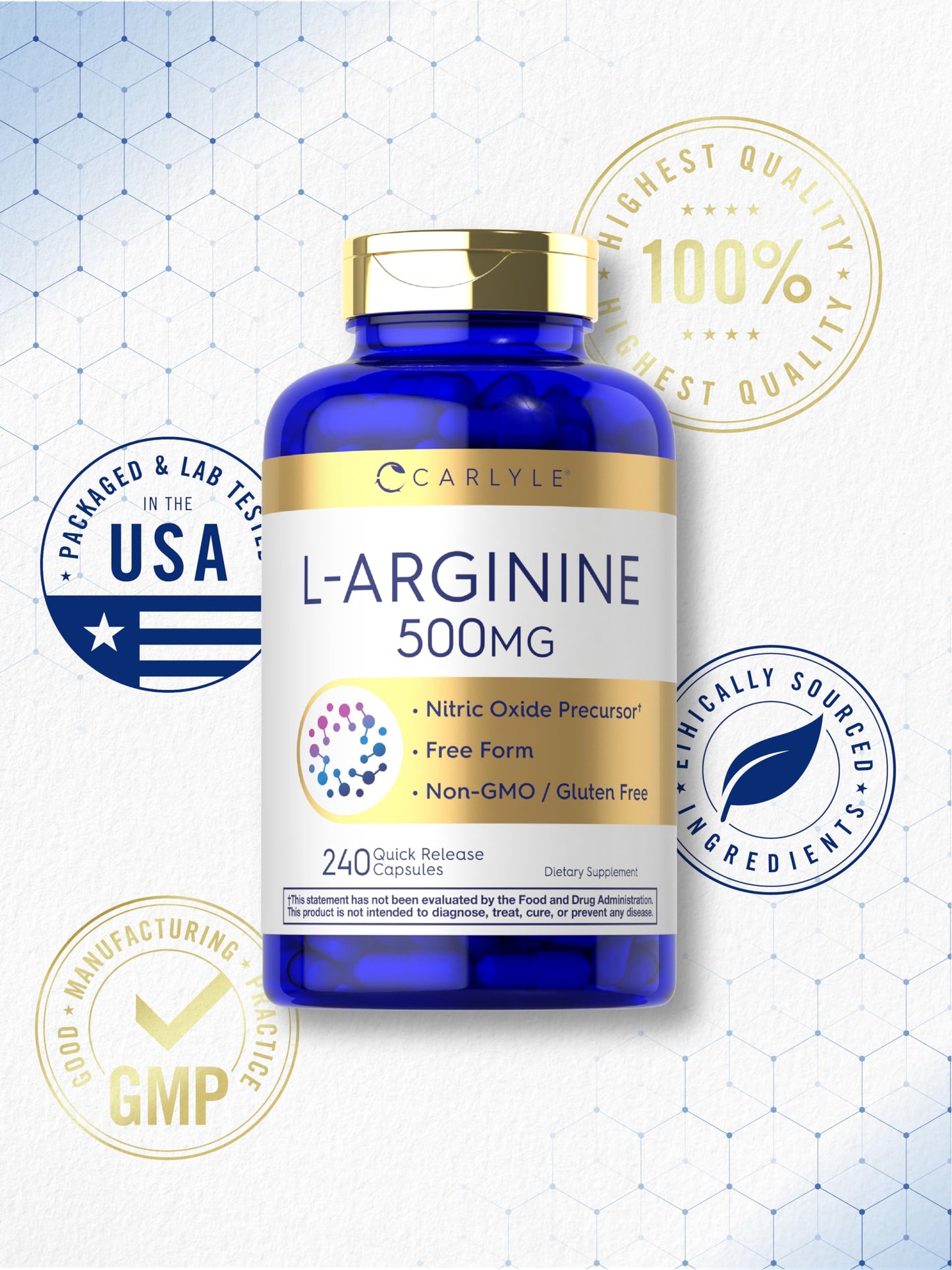 Carlyle L-Arginine 500 mg Nitric Oxide Precursor Capsule, 240 Count
