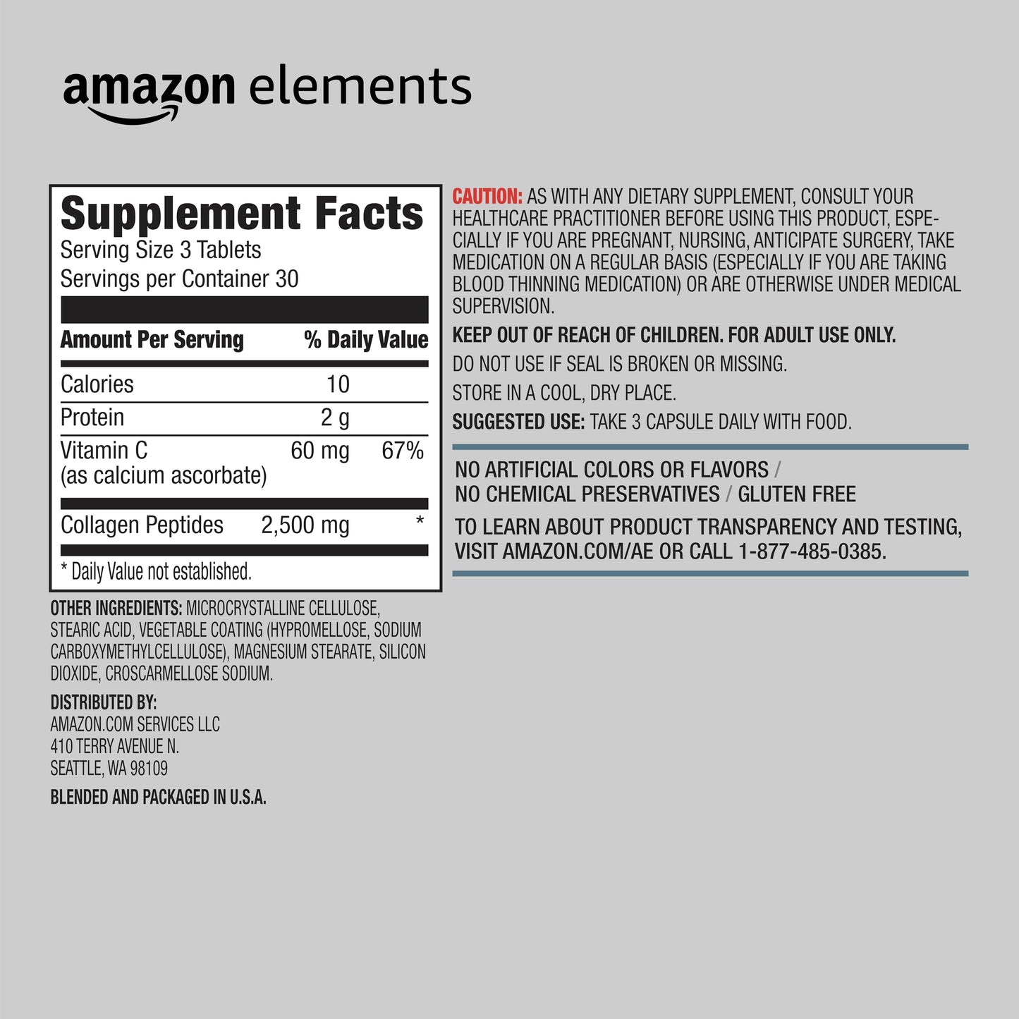 Amazon Elements Collagen Peptides + Vitamin C, 2500mg Collagen Peptides, Gluten Free, 90 Tablets