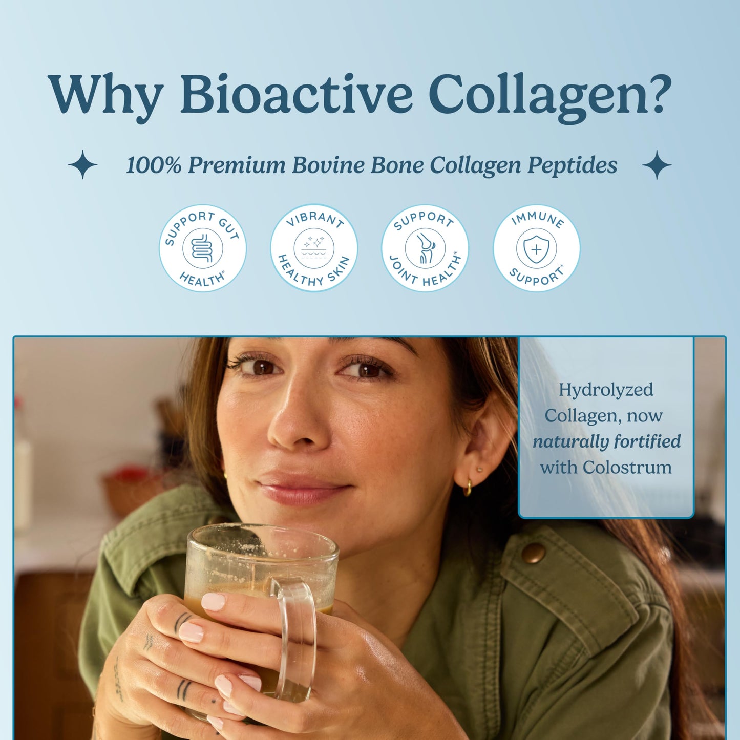 WONDERCOW Collagen Peptides Powder with Bovine Colostrum, Hair Skin Nails & Joint Support, Type I & III, Grass-Fed Collagen, 10.58 Ounce