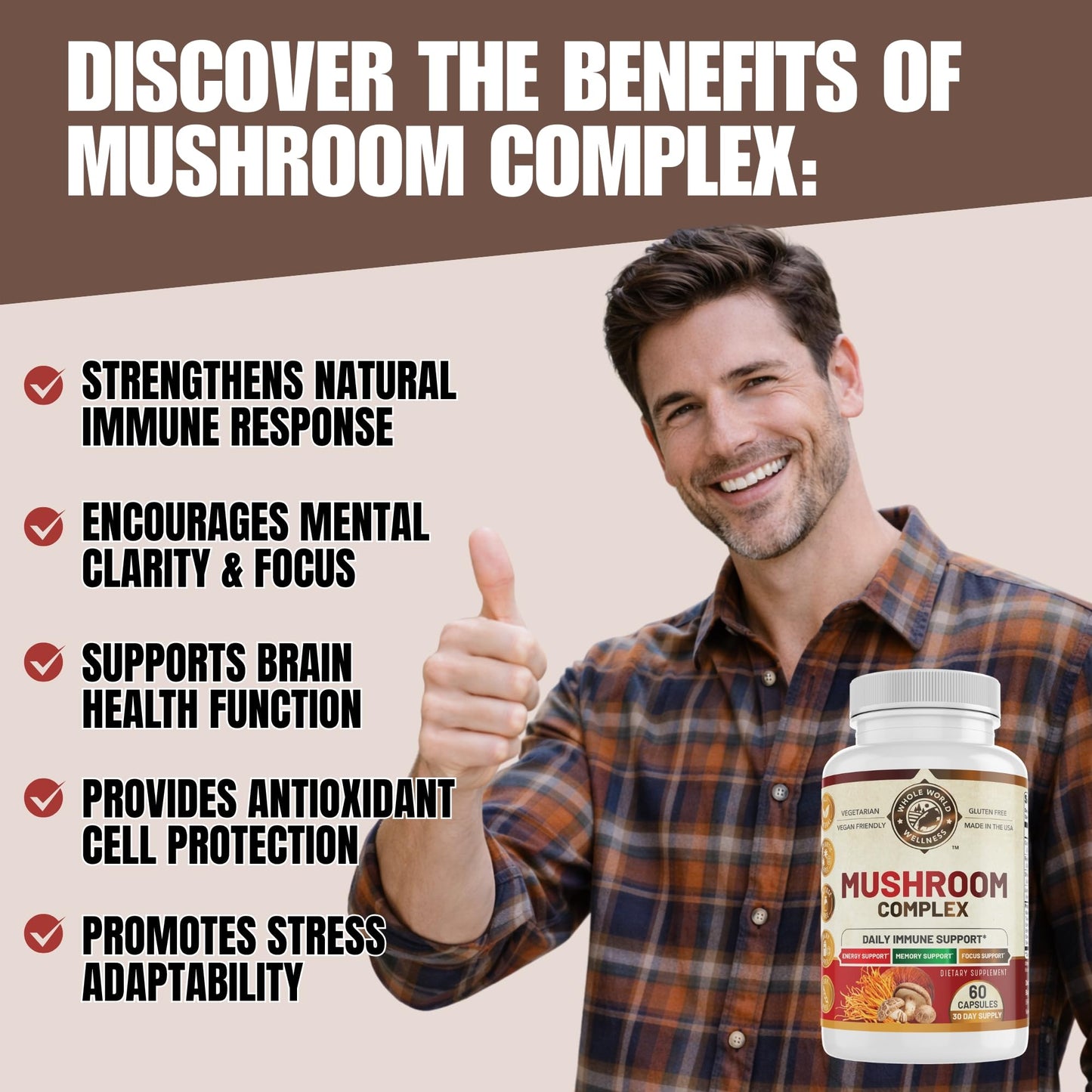 WHOLE WORLD WELLNESS All Natural Mushroom Complex 10 in 1 Capsule 60 Count