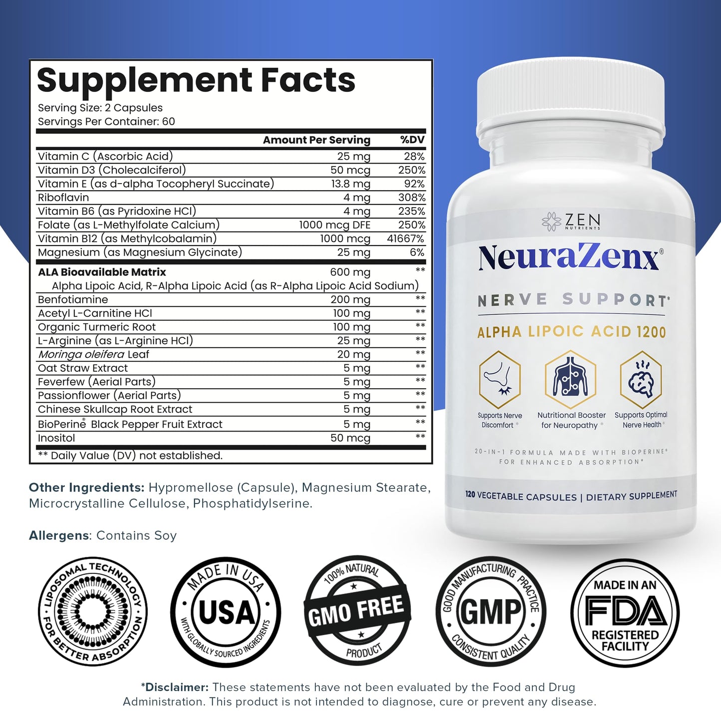Zen Nutrients 1200mg Alpha Lipoic Acid R Matrix + Benfotiamine + B Complex Nerve Support NeuraZenX Neuropathy Support Supplement with L-Carnitine and Turmeric, 120 Capsules