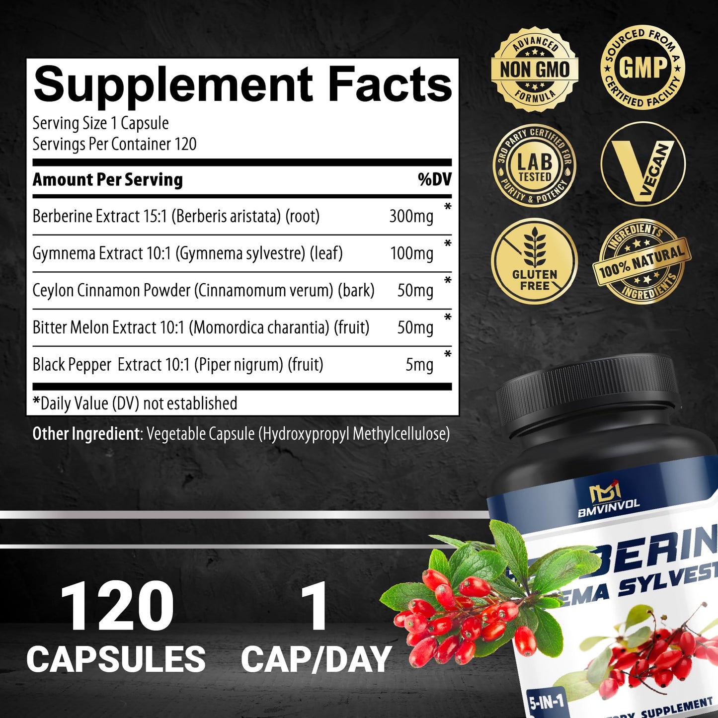 BMVINVOL 5-in-1 Berberine Supplement with Ceylon Cinnamon, Gymnema Sylvestre, Bitter Melon & Black Pepper Capsules, 120 Count
