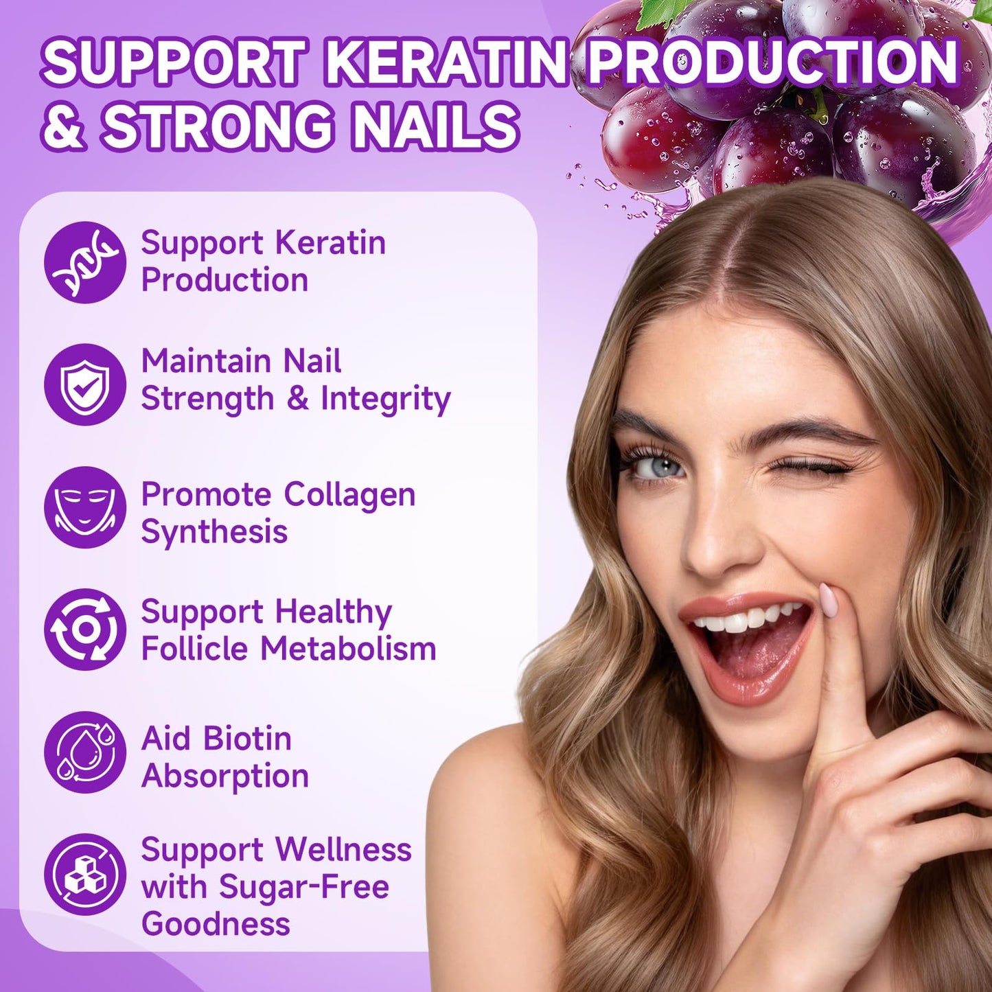 MOORGUMY Biotin Hair, Skin & Nails Gummies Sugar Free Grape Flavor, 60 Count