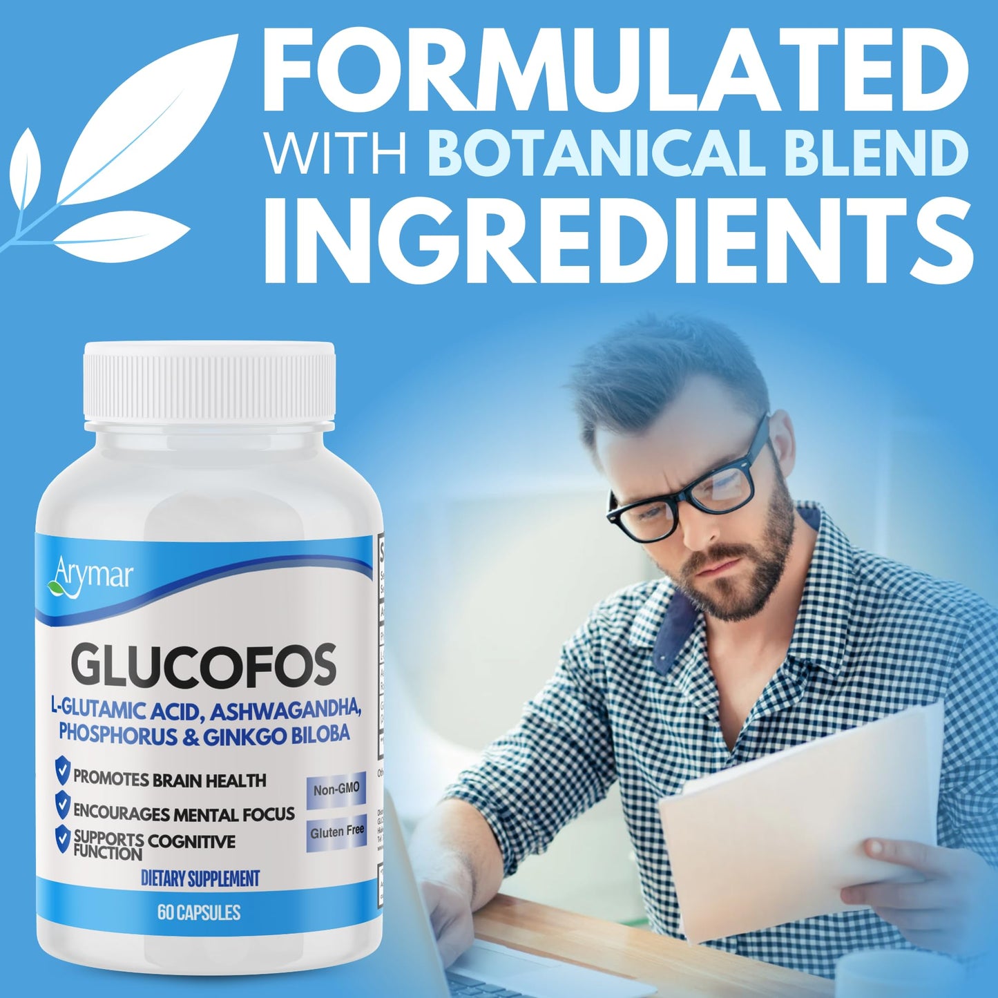Arymar Glucofos L-Glutamic Acid, Ashwagandha, Ginkgo Biloba & Phosphorus Brain & Nerve Support Supplement Capsules, 60 Count