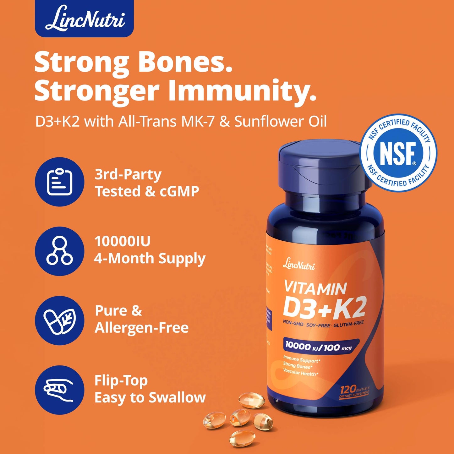 LincNutri Vitamin D3 K2 10000IU MK-7 100mcg Capsules 120 Capsules