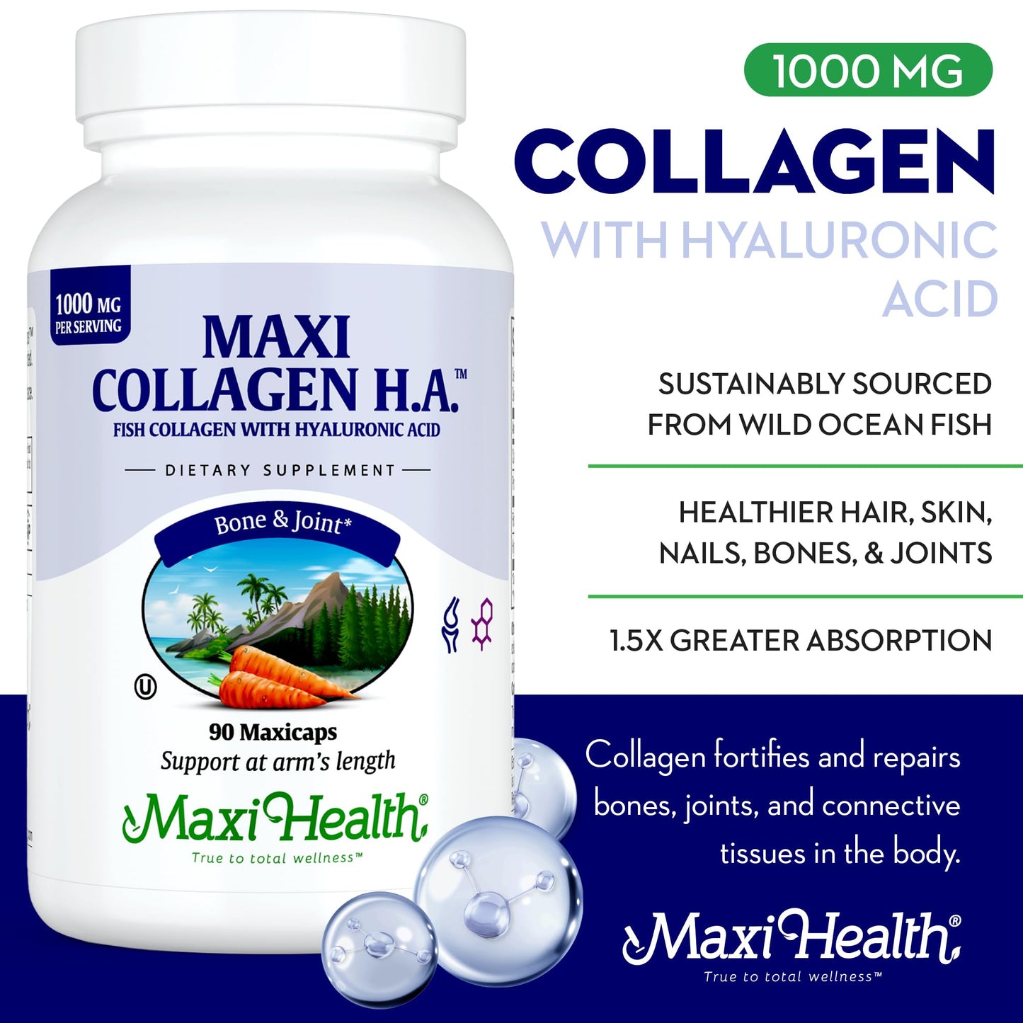 Maxi Health Marine Collagen Capsules 1000 mg Type I Collagen with Hyaluronic Acid for Joint & Skin Support, Unflavored, Clean Kosher, 90 Count