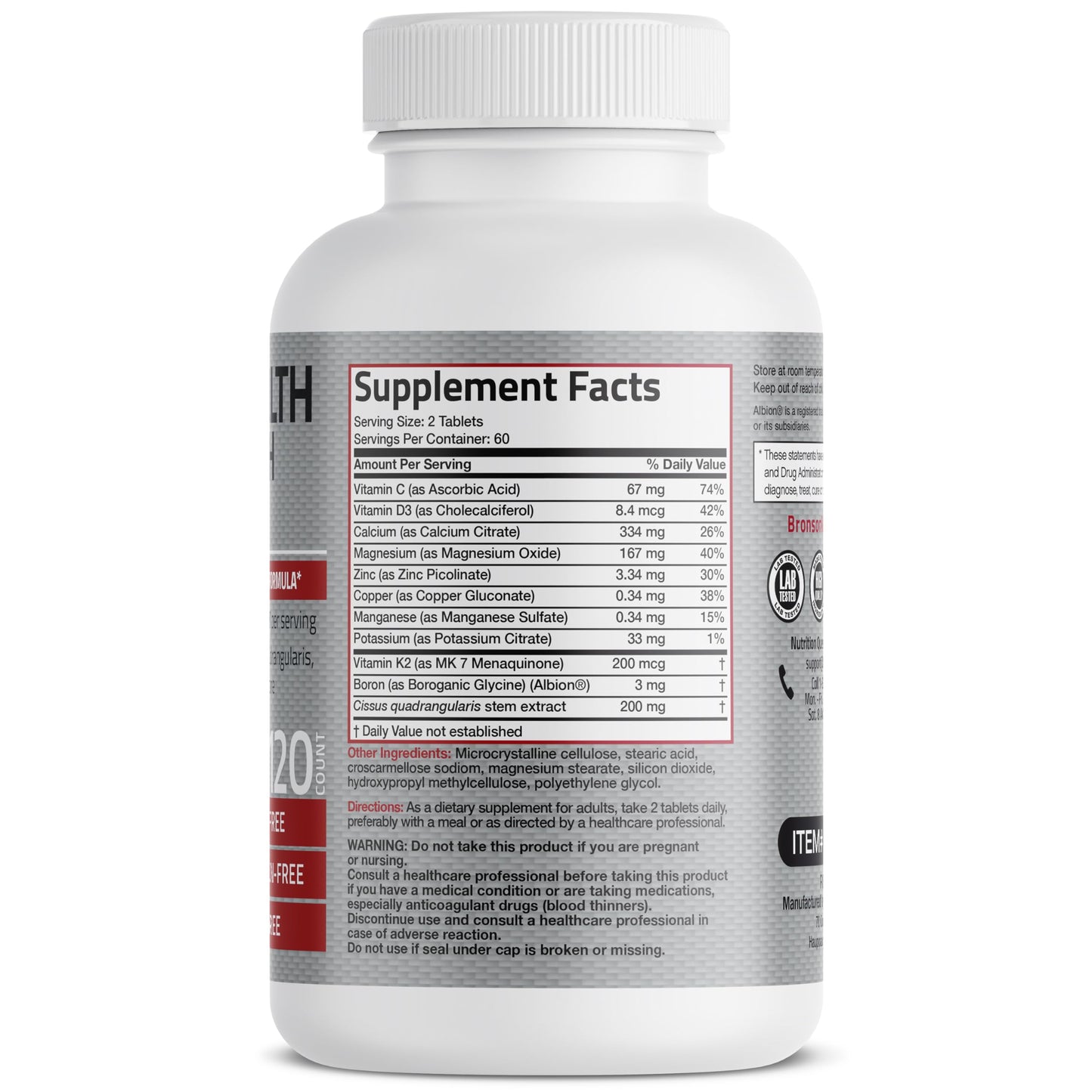 Bronson Bone Health & Strength Complex High Potency Formula 200 mcg Vitamin K2 as MK7, Plus Calcium, Boron, Cissus Quadrangularis, Magnesium, Vitamin D3, and More, Non-GMO, 120 Tablets