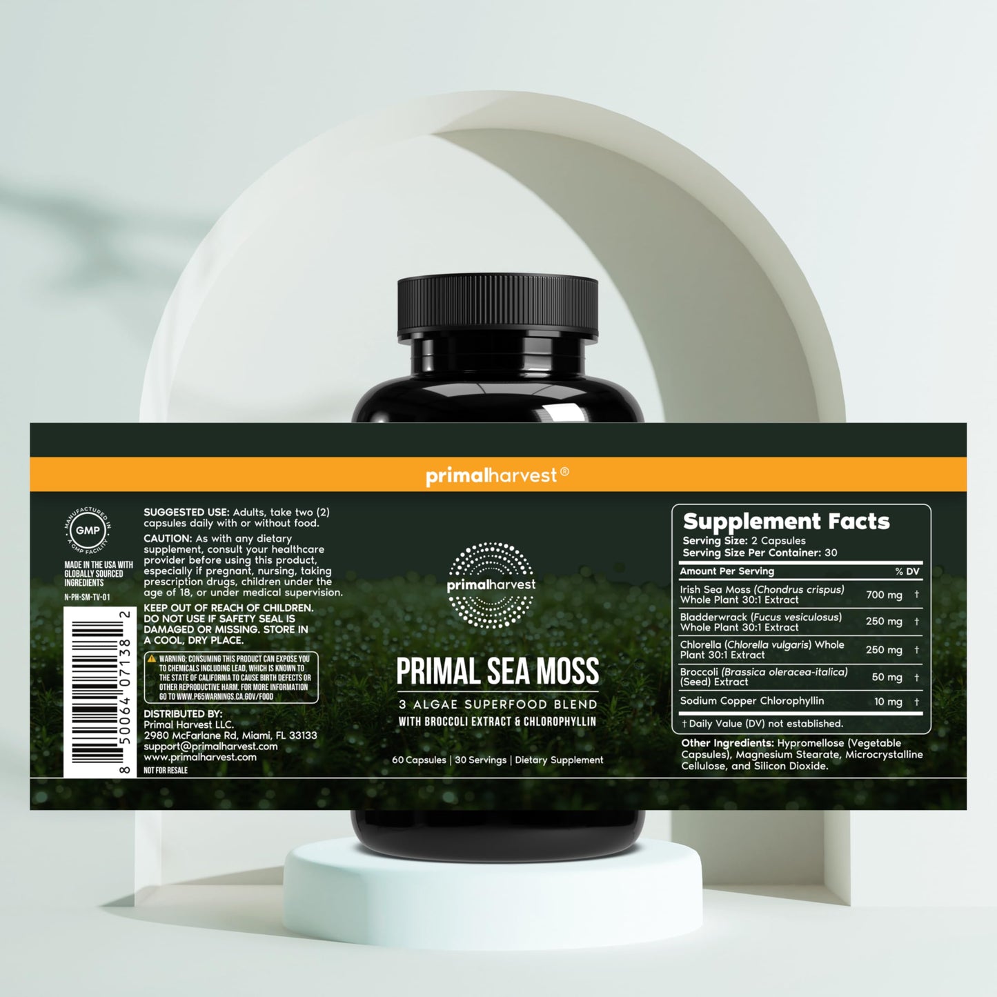 Primal Harvest Sea Moss Capsules with Bladderwack and Irish Sea Moss, Chlorella, Broccoli Seed Extract, 60 Capsules