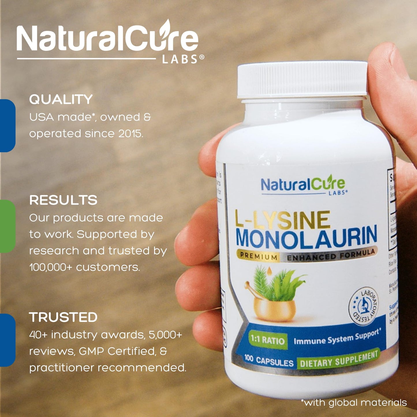 Natural Cure Labs L-Lysine with Monolaurin 600mg 1:1 Ratio Capsules, 100 Count