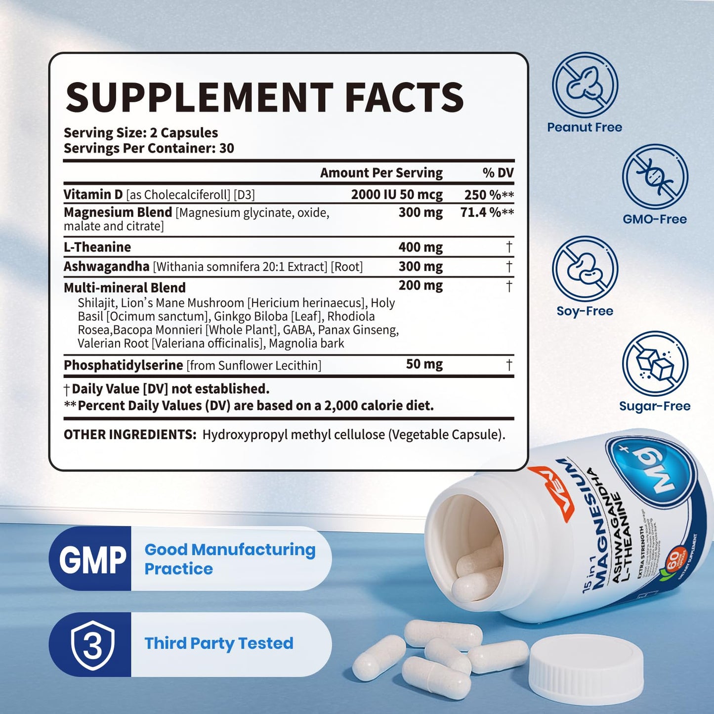 VEV Deep Calm 15 in 1 Magnesium Glycinate & Citrate Complex Capsules, 60 Vegan Capsules