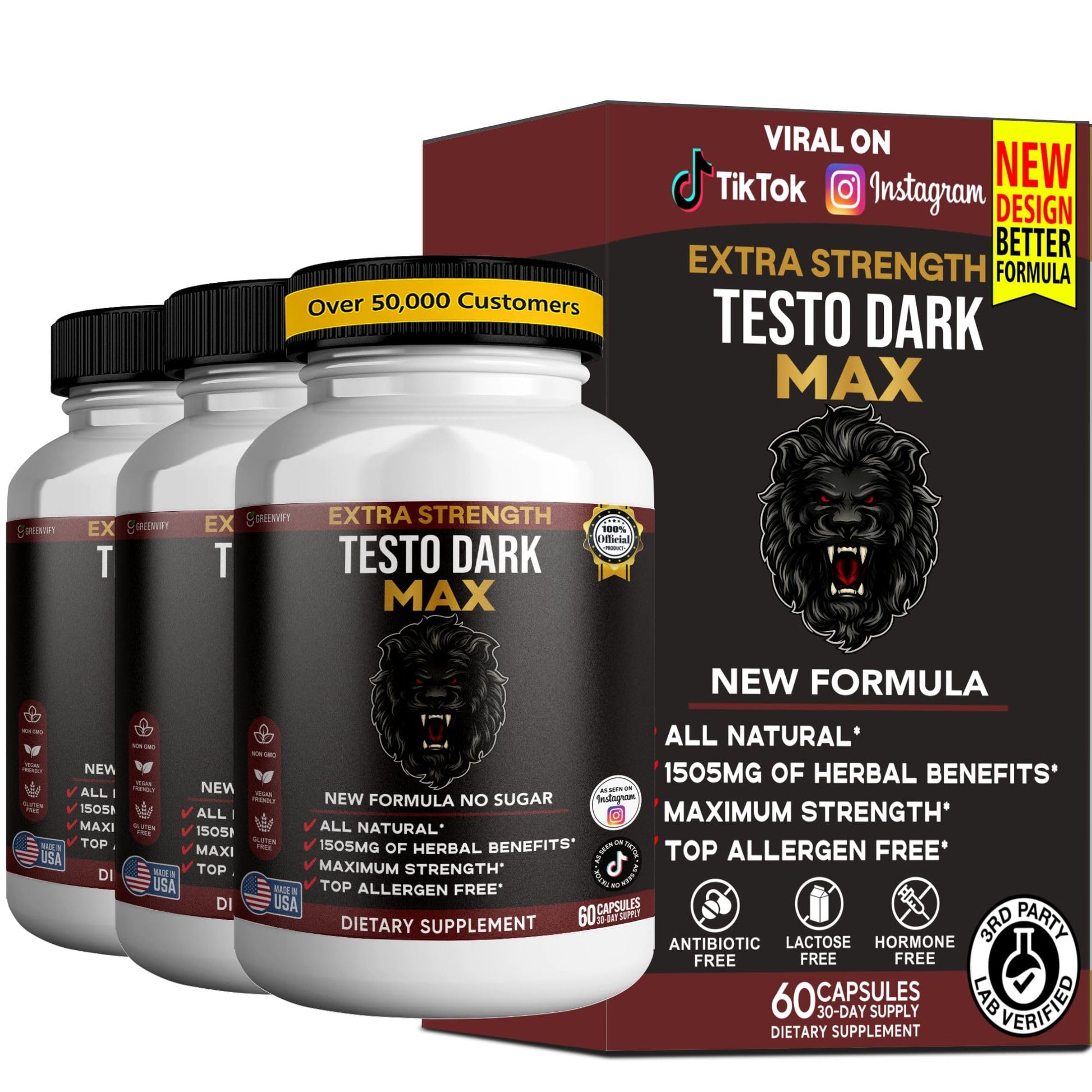 GREENVIFY Testo Dark Max Dietary Supplement, Organic Maca Root, Non-GMO, Vegan, Gluten Free, 60 Capsules
