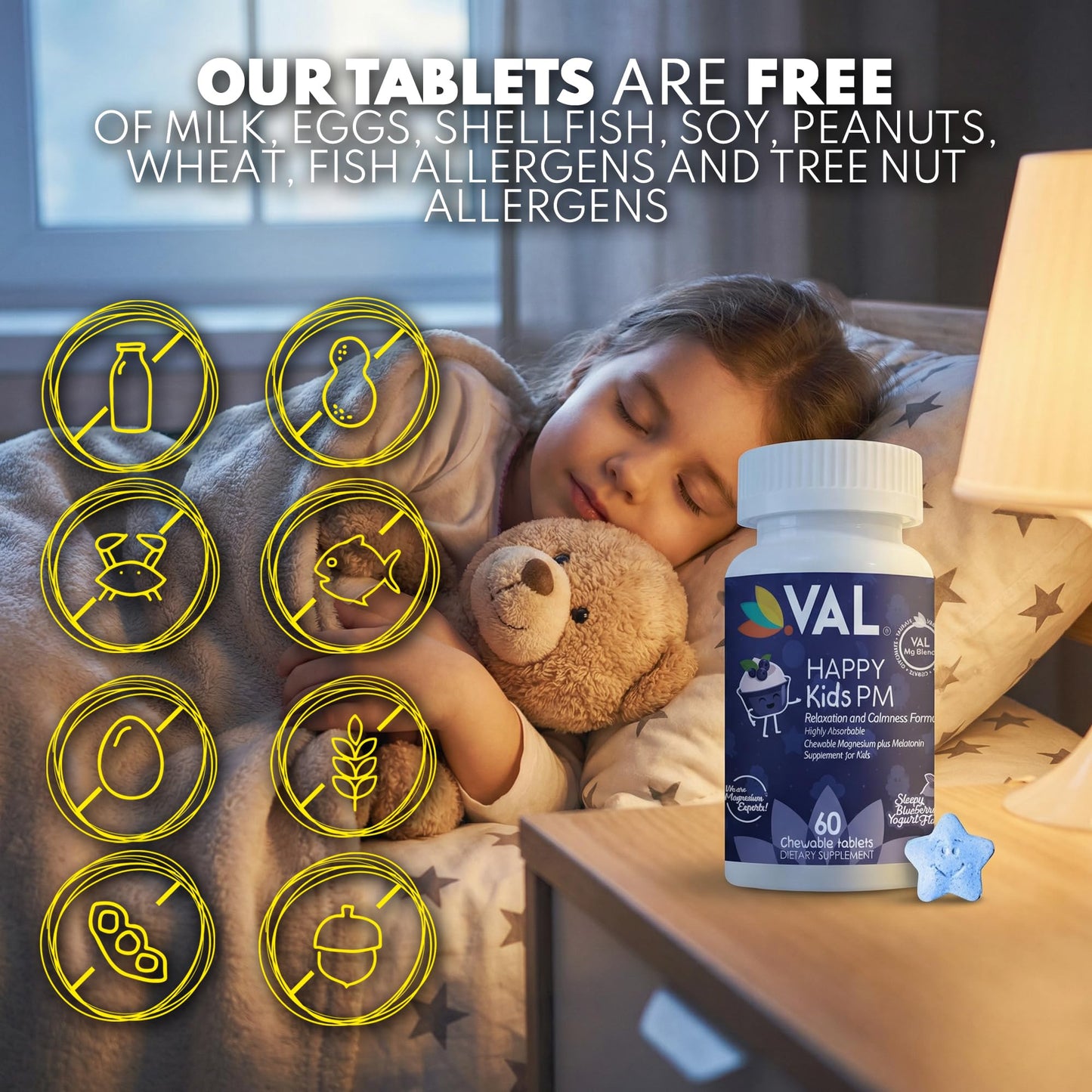 VAL Happy Kids PM Sleep Support with Magnesium, Melatonin, Vitamin B6 & C 60 Tablets