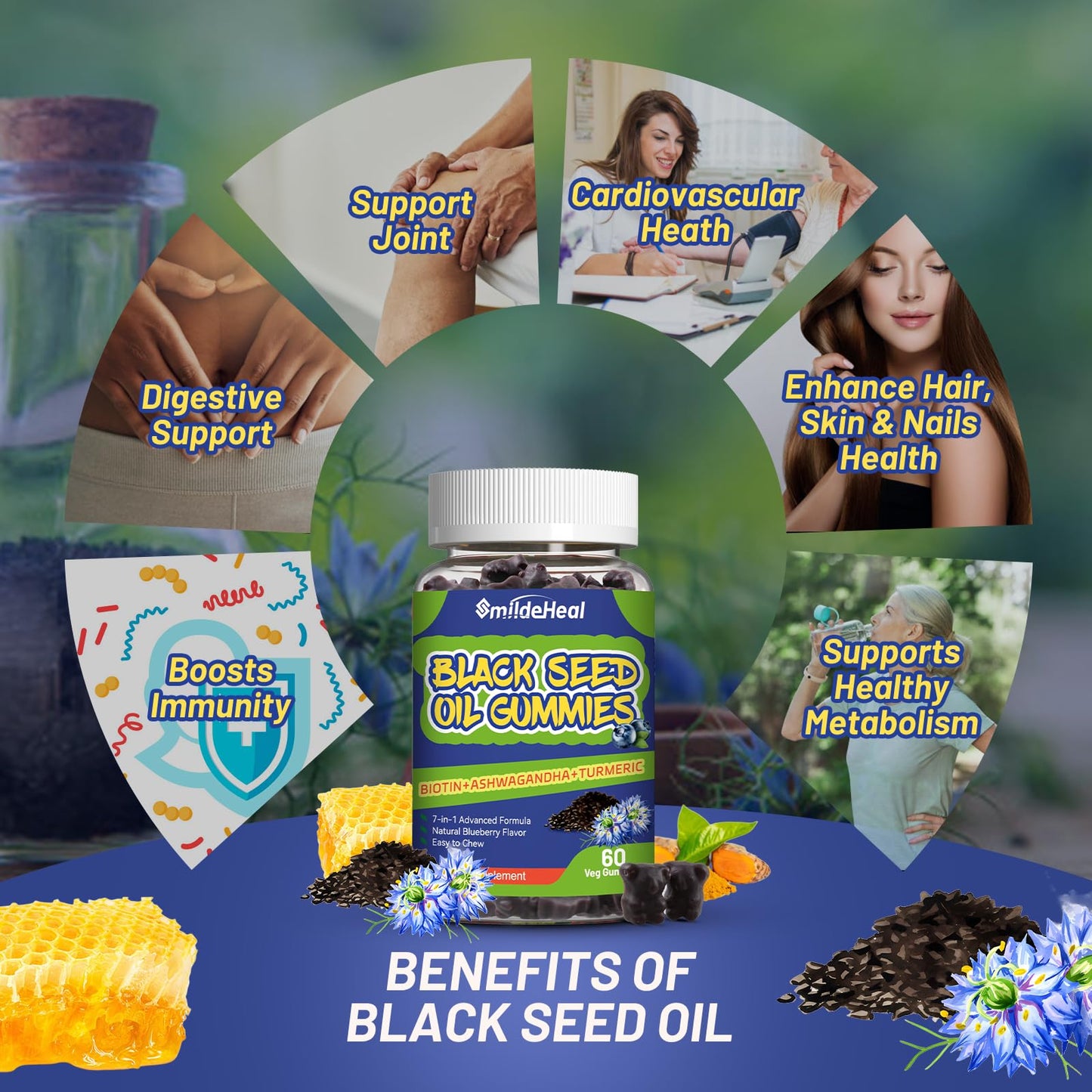 SmildeHeal Black Seed Oil Gummies, Organic Black Cumin Seed Oil, 500mg, Vegan, 120 Gummies