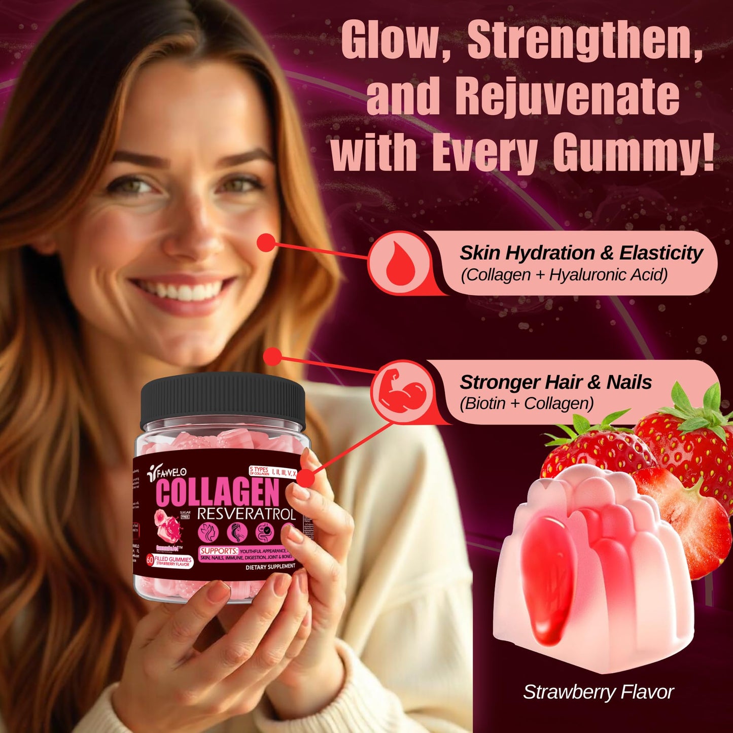 Fawelo Multi Collagen Gummies Hydrolyzed Type I, II, III, V, X plus Resveratrol 60 Count