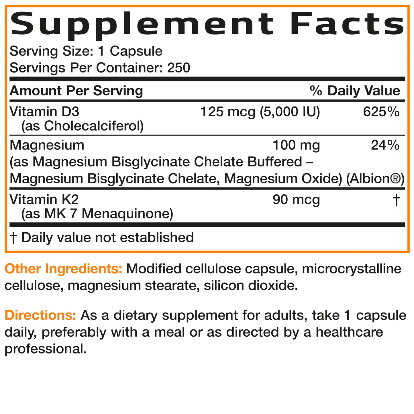 Bronson Vitamin K2 + D3 Magnesium Glycinate, Vitamin K2 as MK-7, 3 in 1 Formula, 250 Capsules