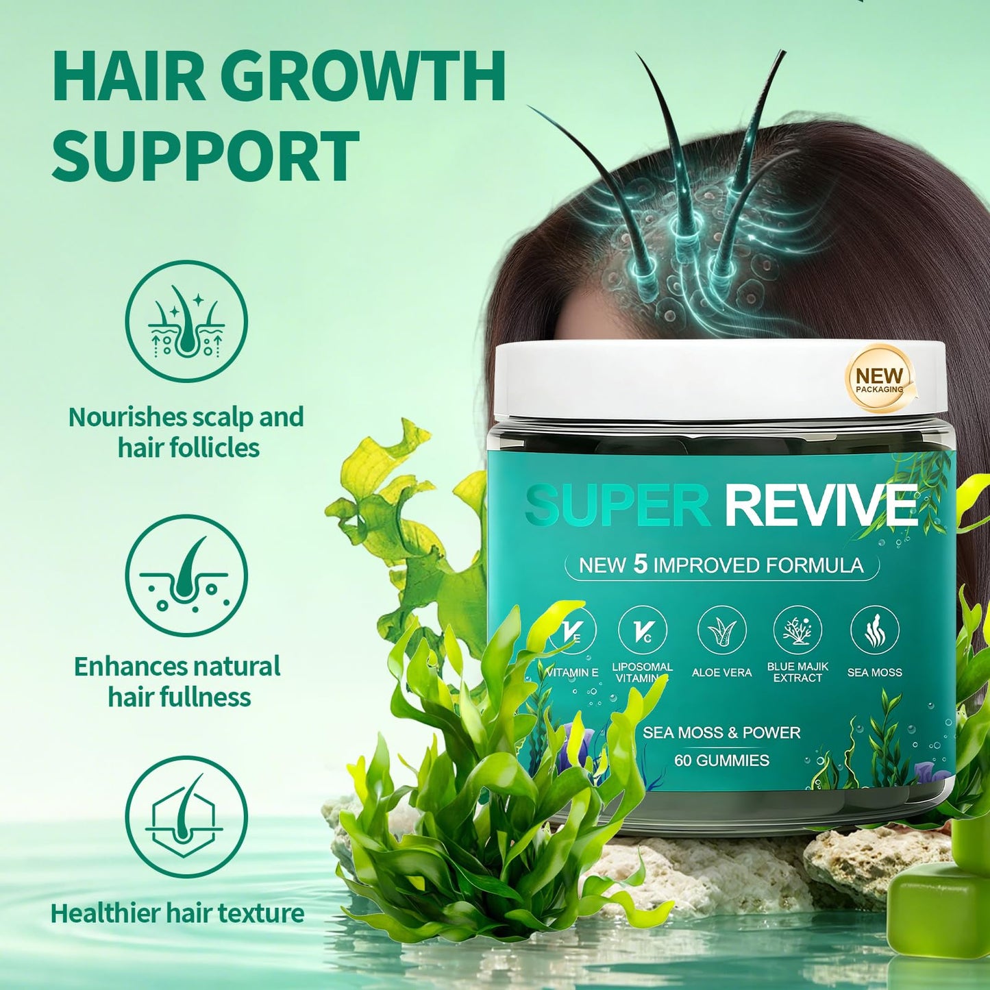 Plaxssuss Super Revive Gummies for Hair Loss Sea Moss 60 Count