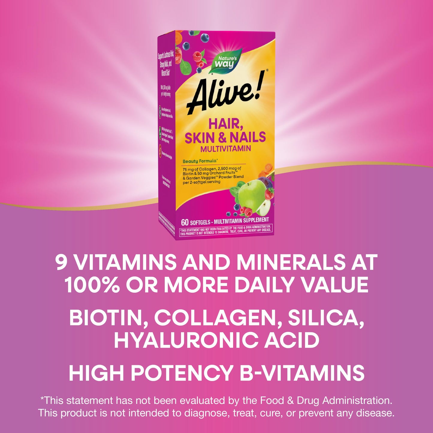 Nature's Way Alive! Hair Skin and Nails with Collagen 75 mg & Biotin 2500 mcg Softgels, 60 Count