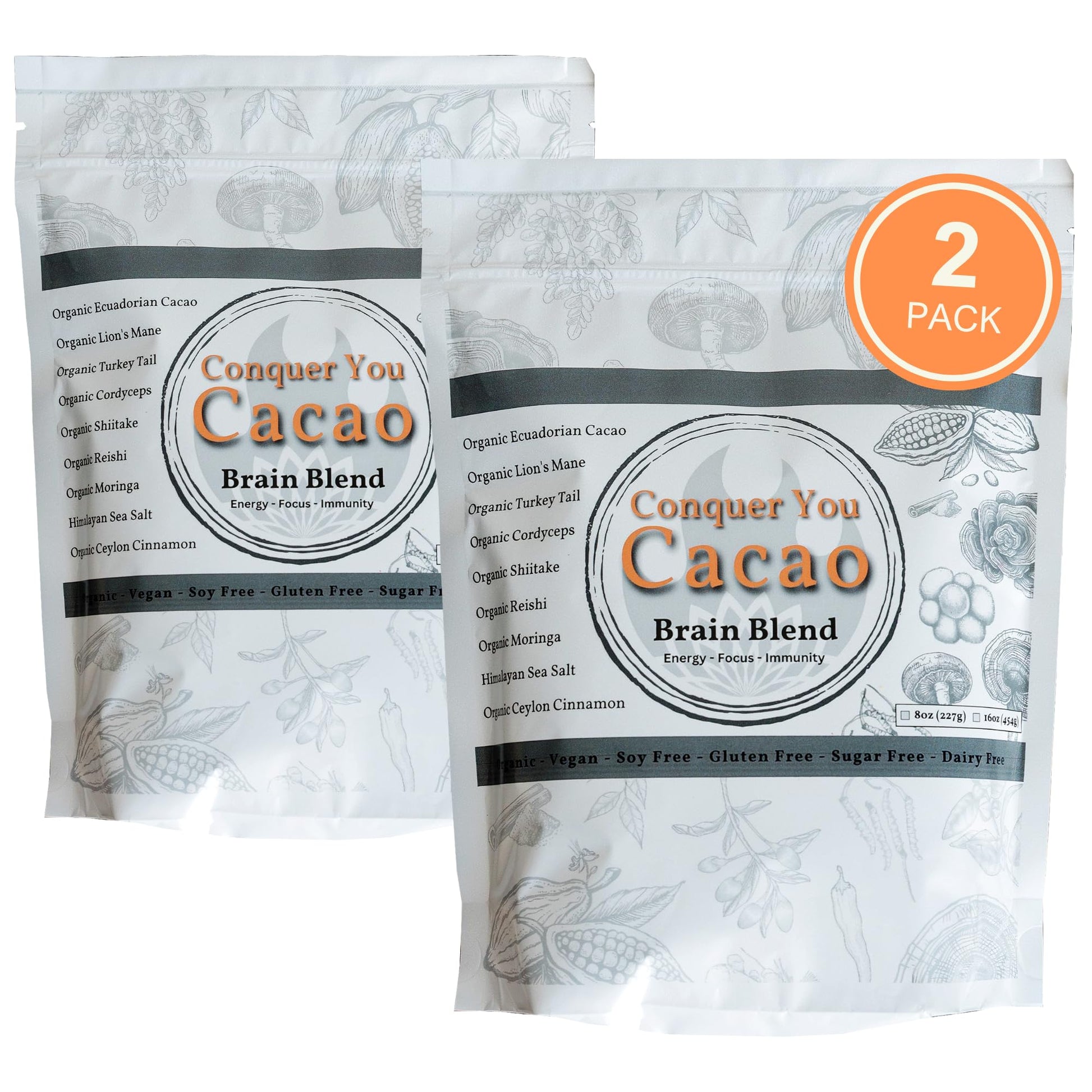 Conquer You Cacao Brain Blend Organic Mushroom Powder 16 Ounce (Pack of 2)