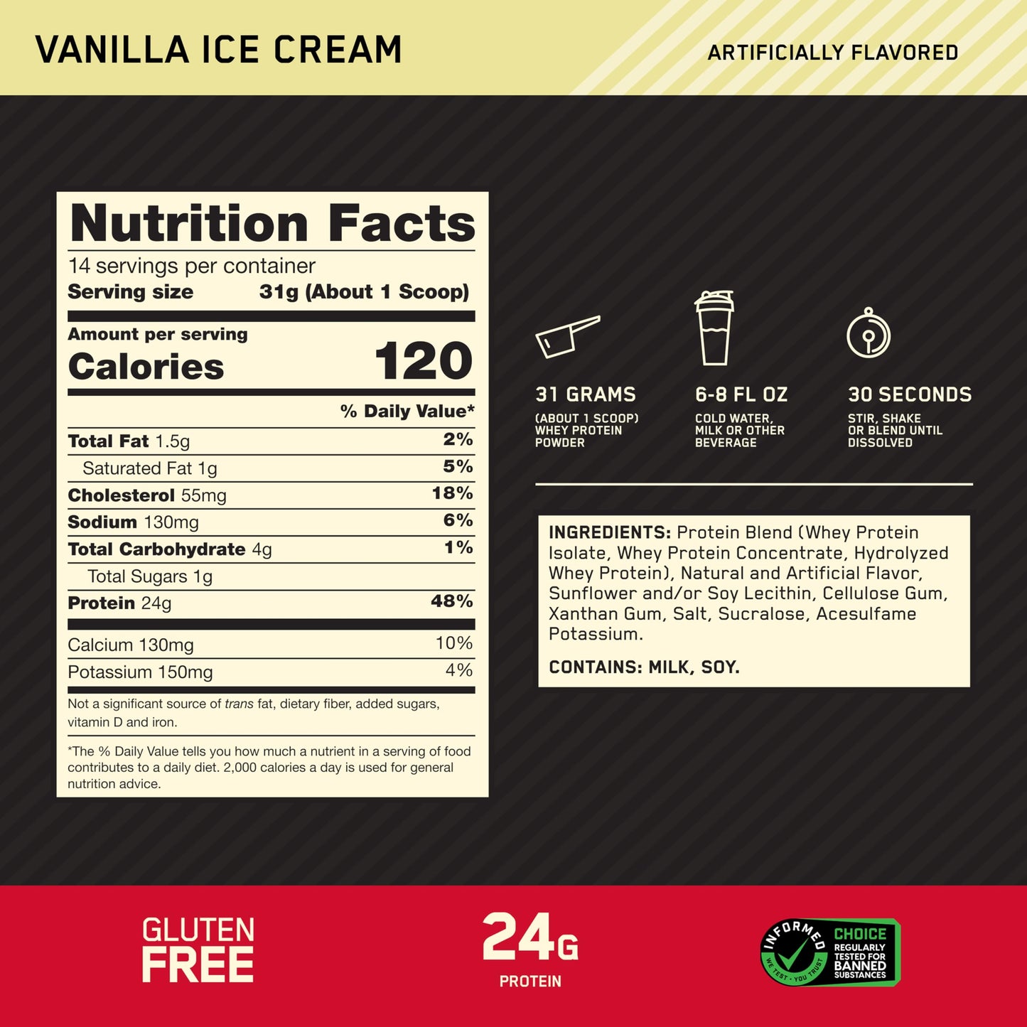 Optimum Nutrition Gold Standard 100% Whey Protein Powder Vanilla Ice Cream, 16 Servings